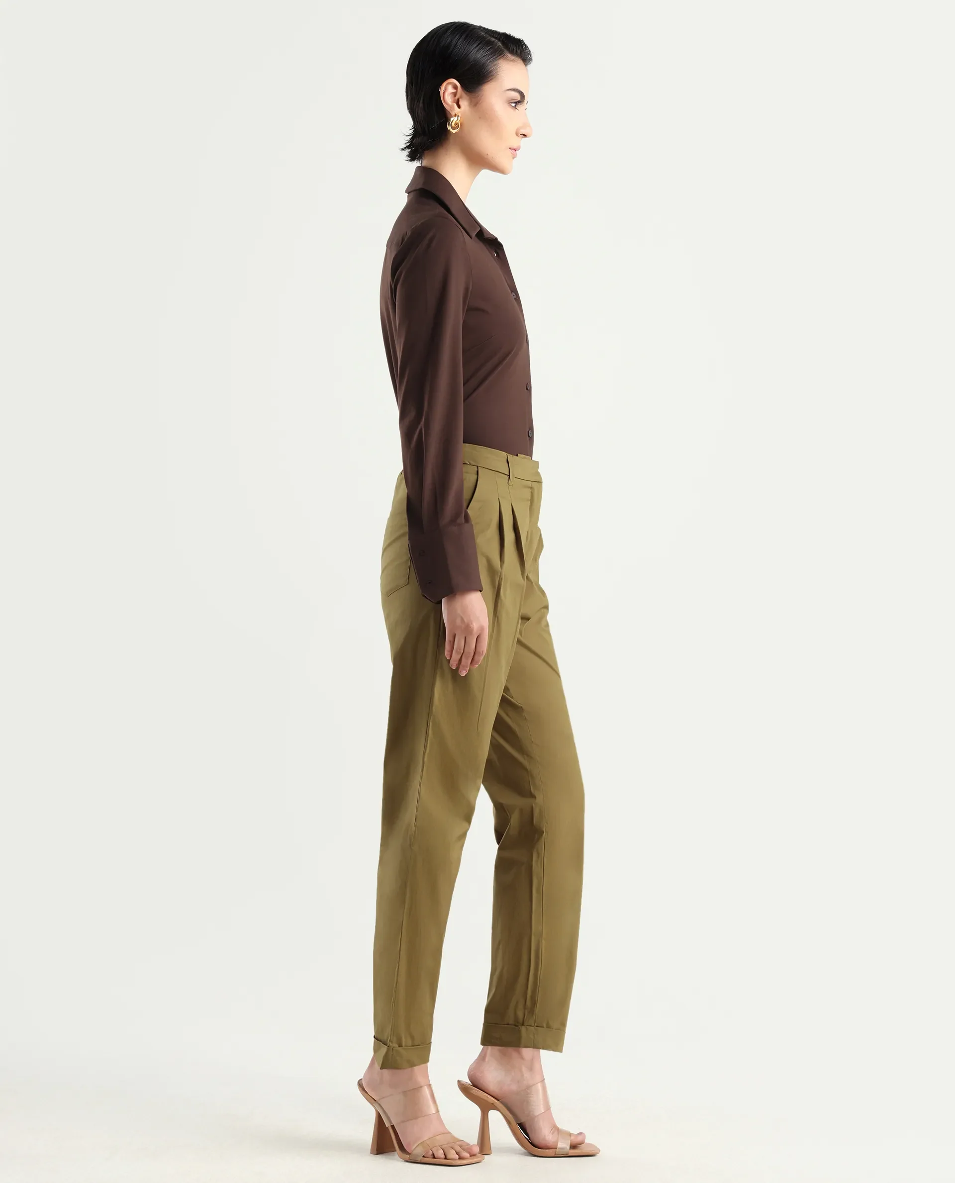 Rareism Women's Ruvz Olive Cotton Blend Plain Ankle Length Straight Fit Trouser - Image 6