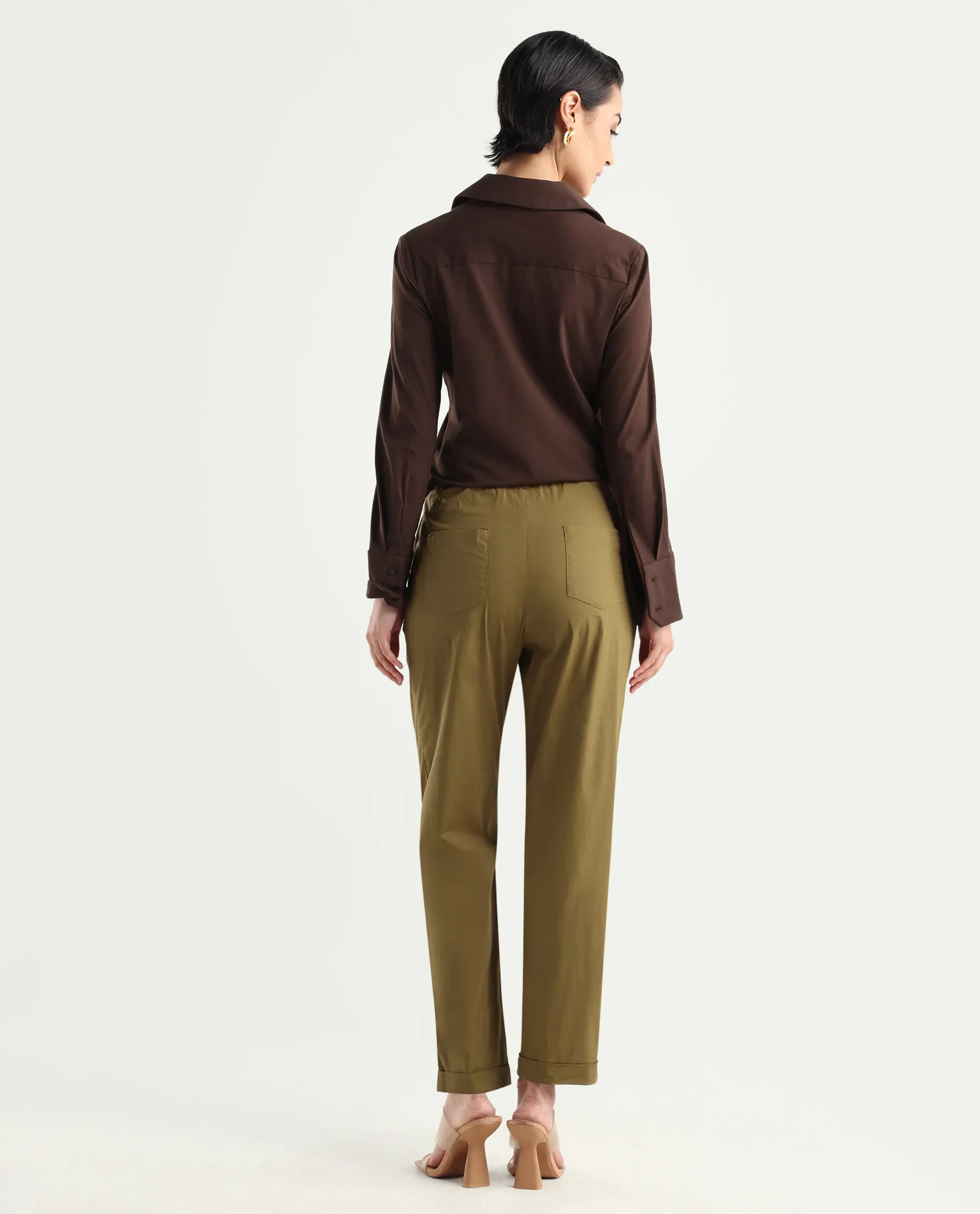 Rareism Women's Ruvz Olive Cotton Blend Plain Ankle Length Straight Fit Trouser - Image 7