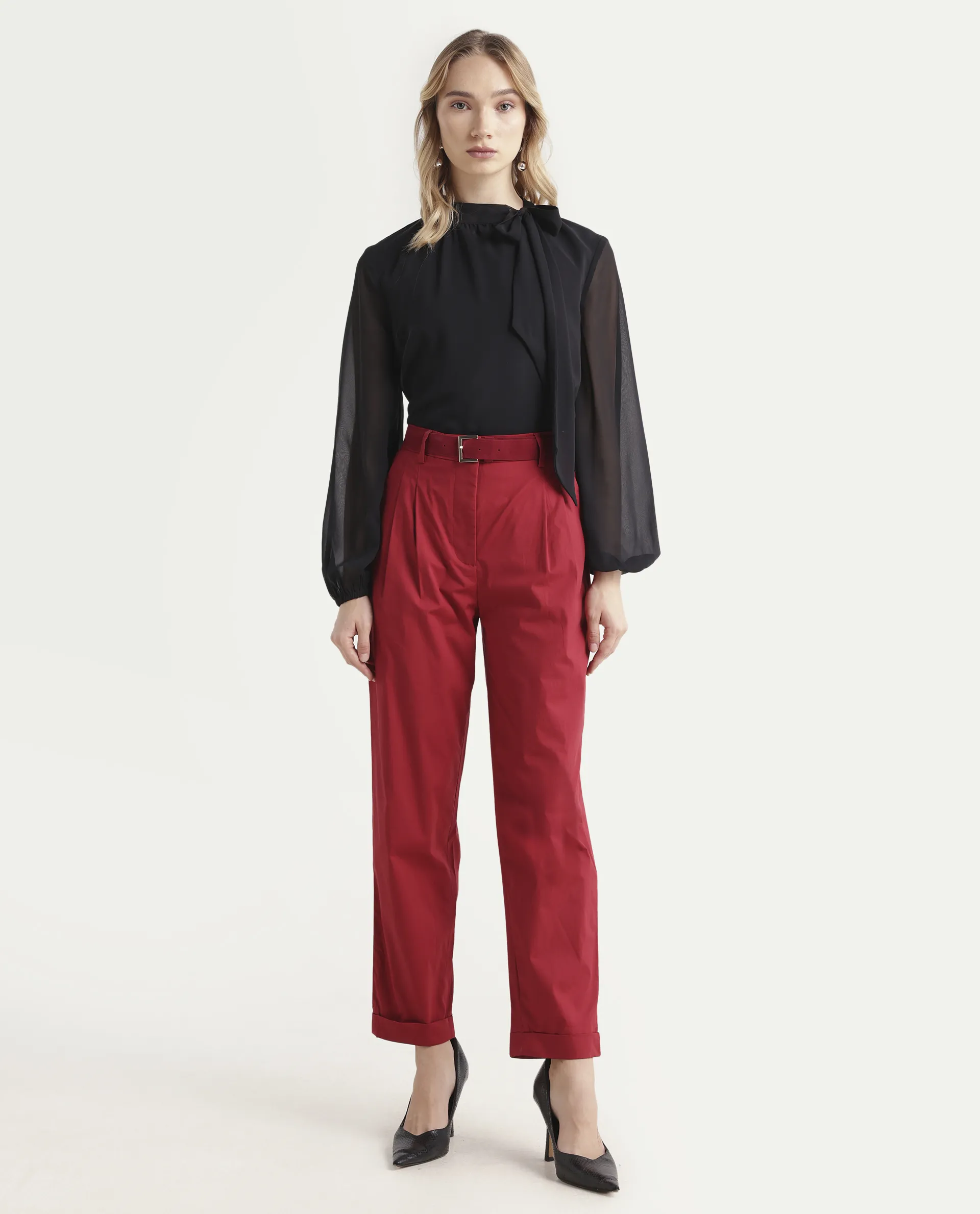 Rareism Women's Ruvz Rust Cotton Blend Plain Ankle Length Straight Fit Trouser - Image 2