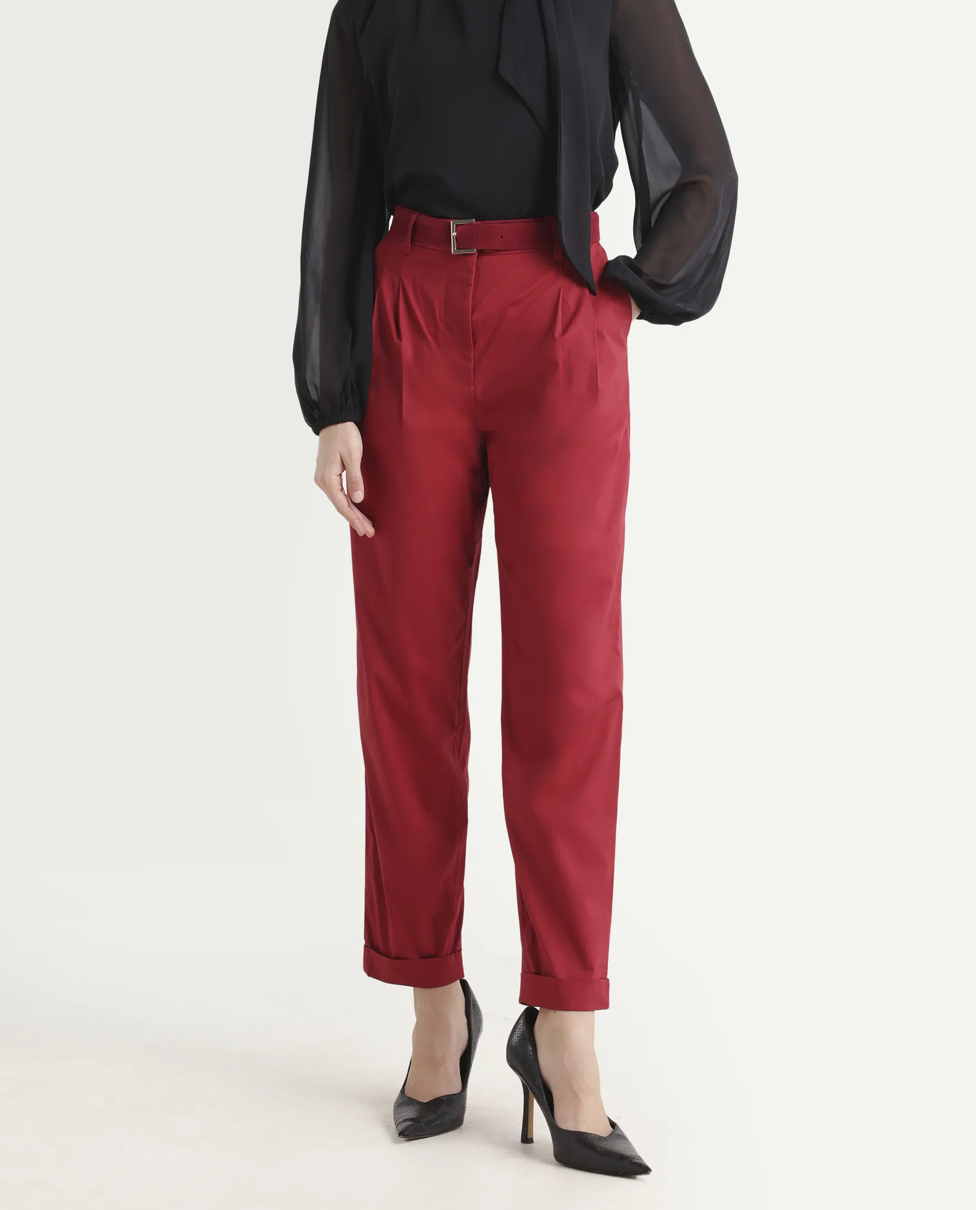 Rareism Women's Ruvz Rust Cotton Blend Plain Ankle Length Straight Fit Trouser - Image 3