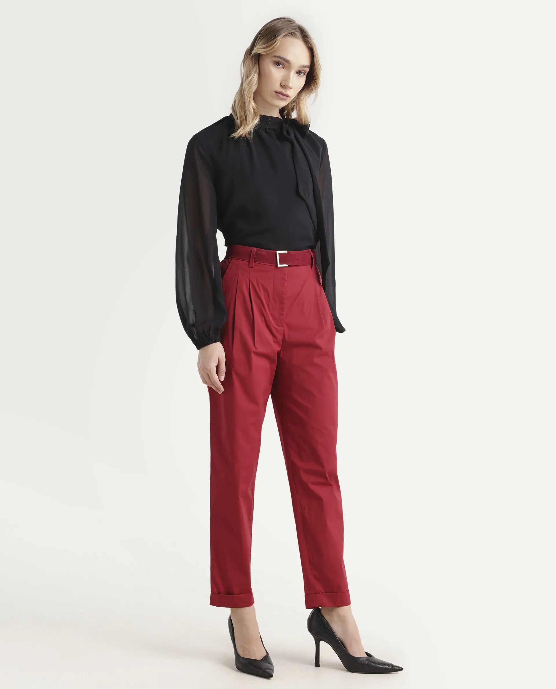 Rareism Women's Ruvz Rust Cotton Blend Plain Ankle Length Straight Fit Trouser - Image 5