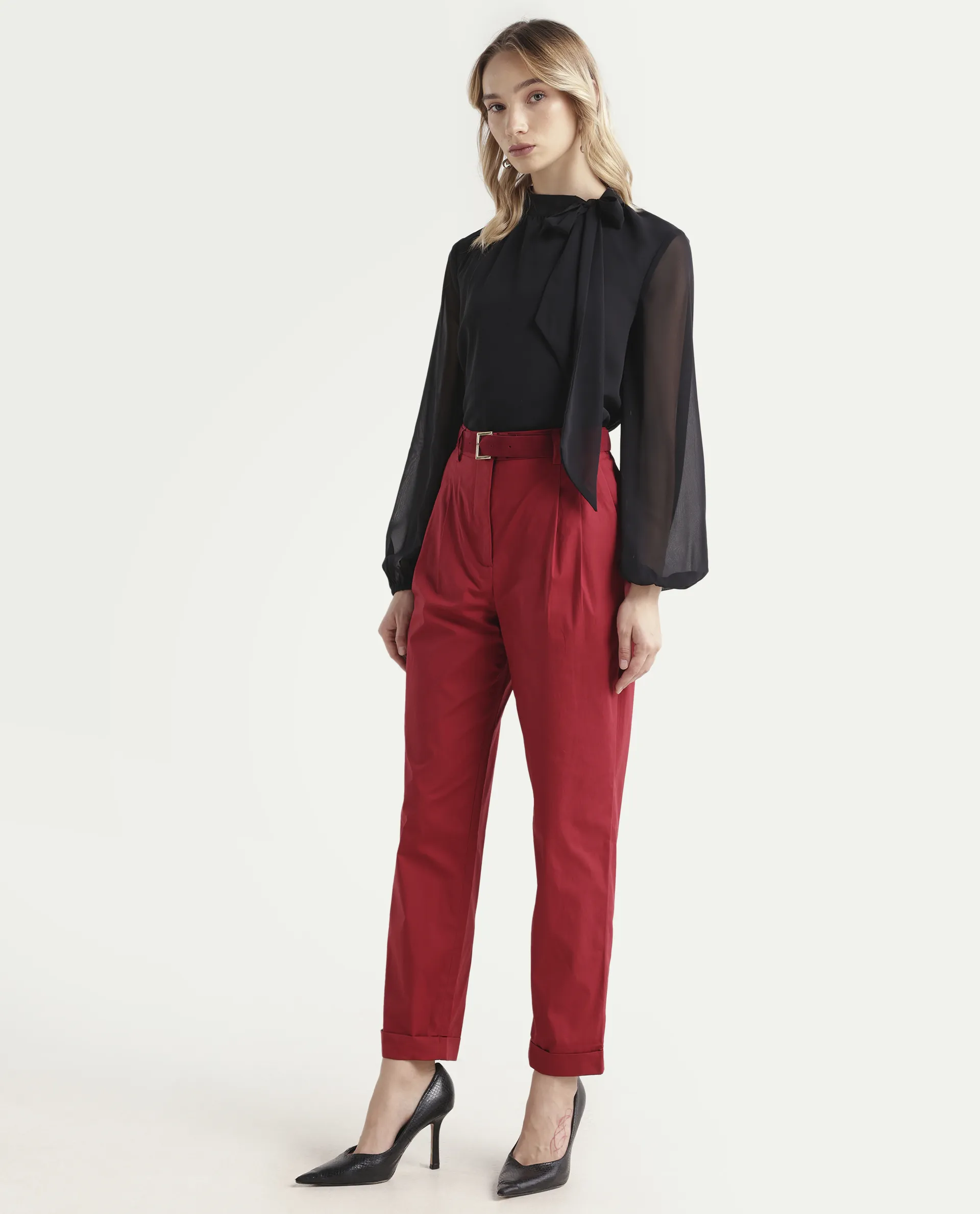Rareism Women's Ruvz Rust Cotton Blend Plain Ankle Length Straight Fit Trouser - Image 6