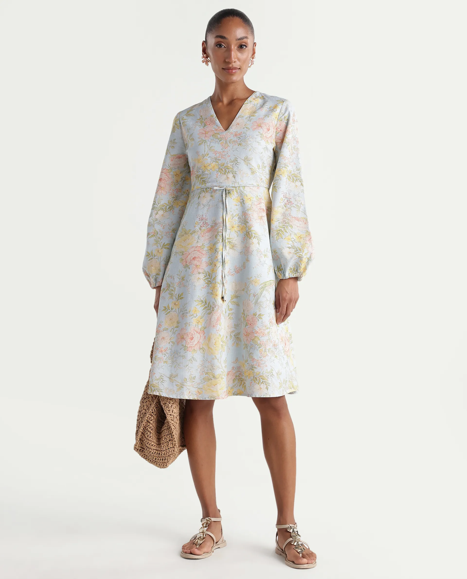 Rareism Women's Ruzim Pastel Blue Viscose Blend Fabric V-Neck Fit And Flare Floral Print Dress - Image 2