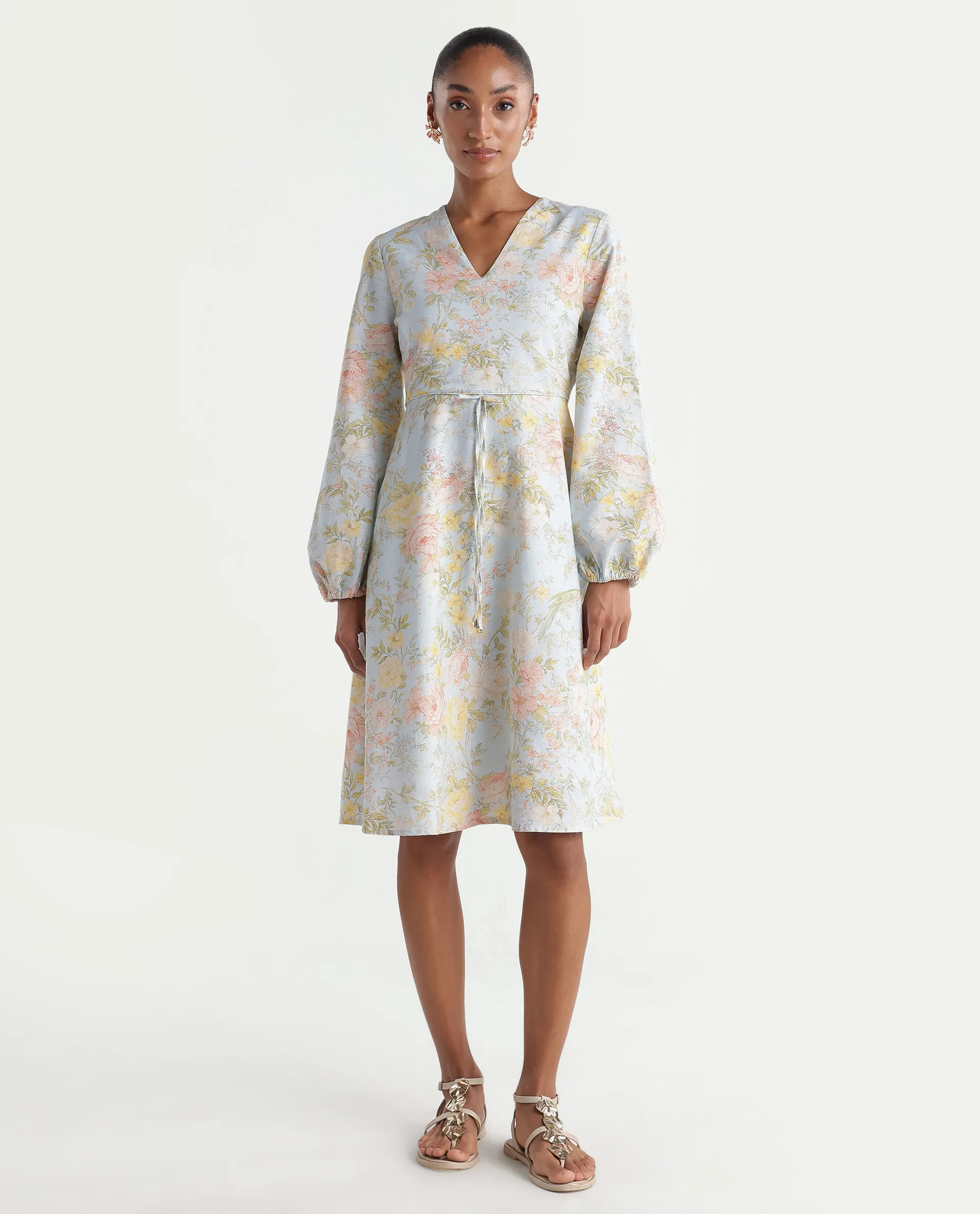 Rareism Women's Ruzim Pastel Blue Viscose Blend Fabric V-Neck Fit And Flare Floral Print Dress - Image 4