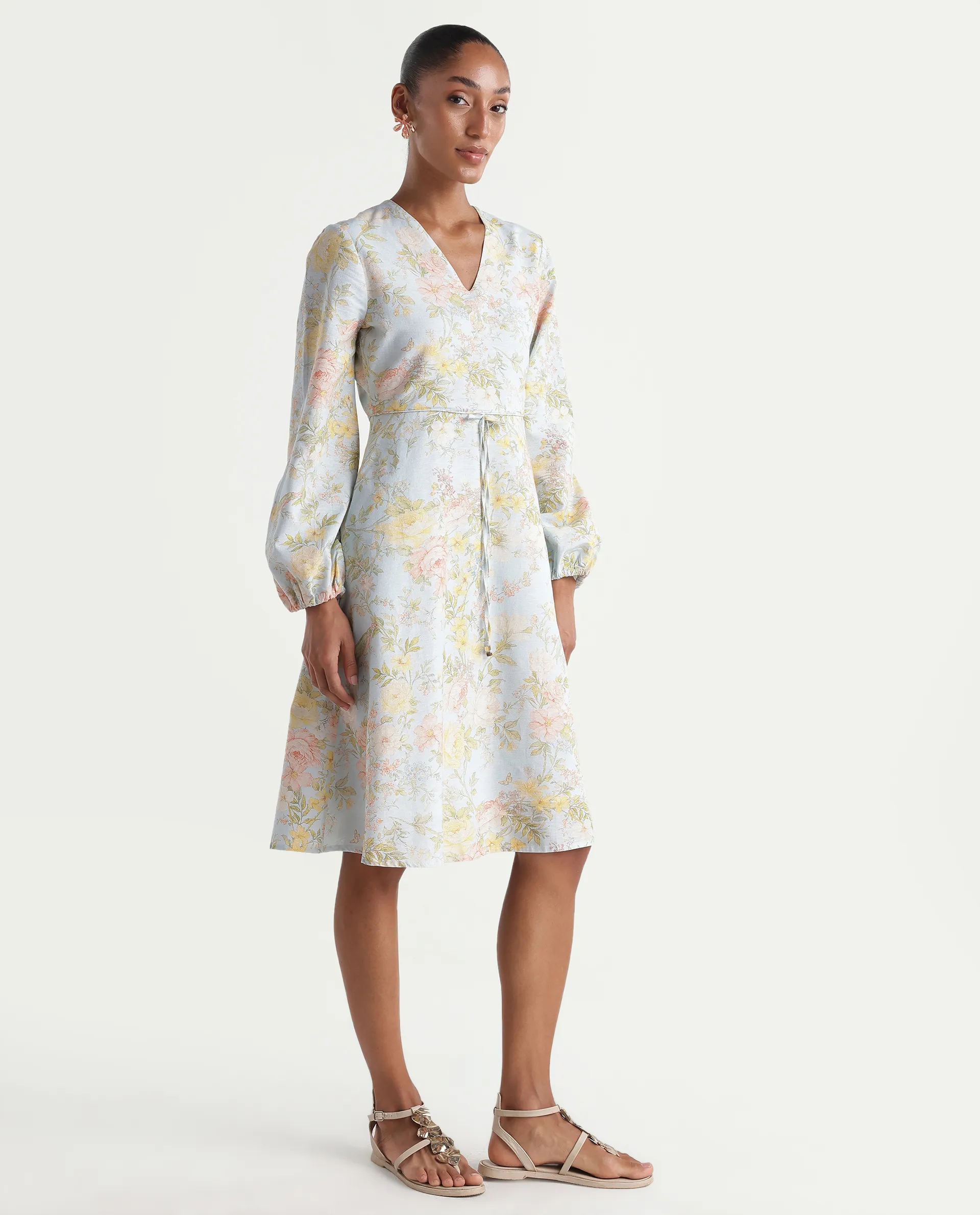 Rareism Women's Ruzim Pastel Blue Viscose Blend Fabric V-Neck Fit And Flare Floral Print Dress - Image 6
