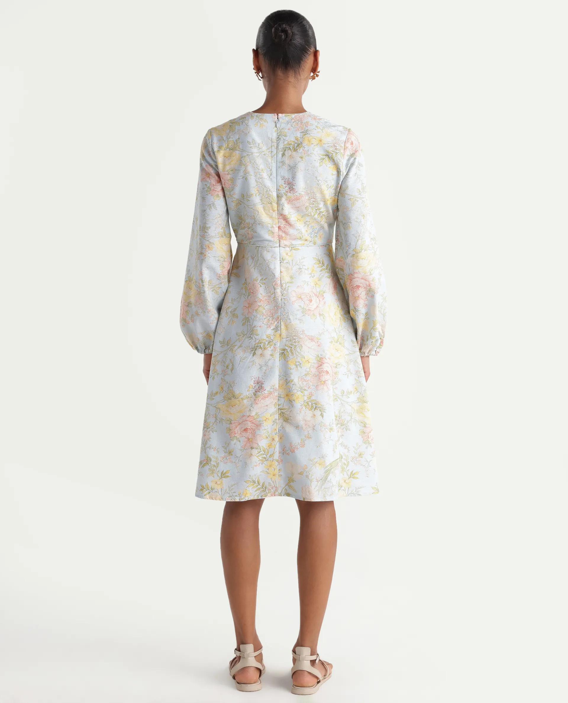 Rareism Women's Ruzim Pastel Blue Viscose Blend Fabric V-Neck Fit And Flare Floral Print Dress - Image 7