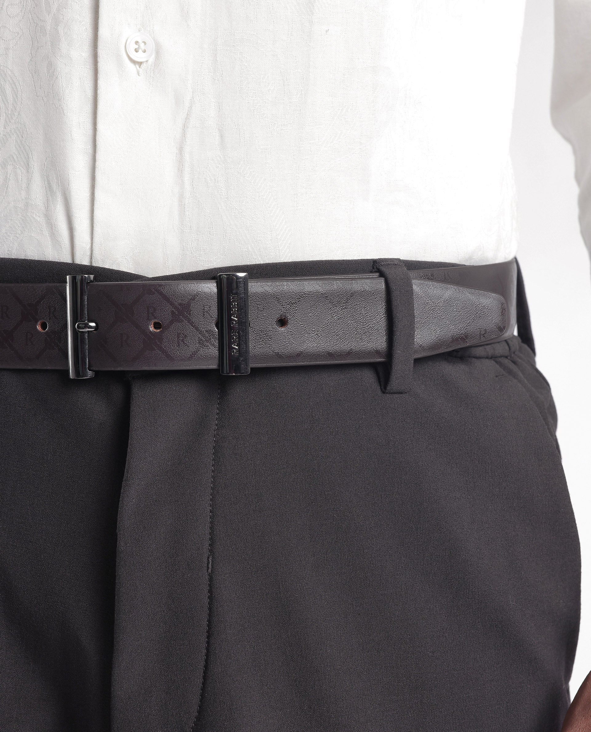 Rare Rabbit Men's Ryan Brown Reversible Monogram Print Gun Metal Belt - Image 6