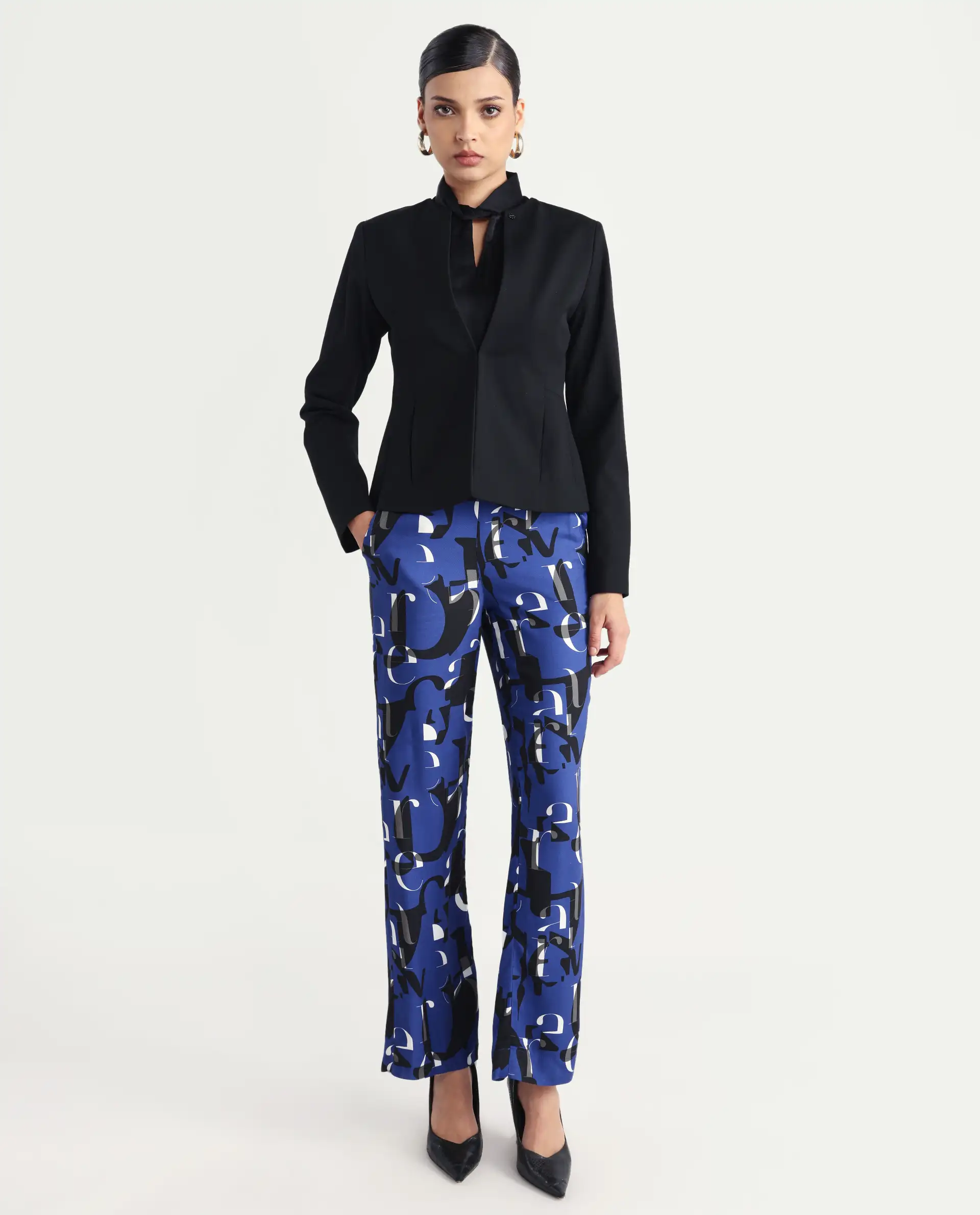 Rareism Women's Ryan Blue Viscose Typography Print Ankle Length Wide Trouser - Image 2