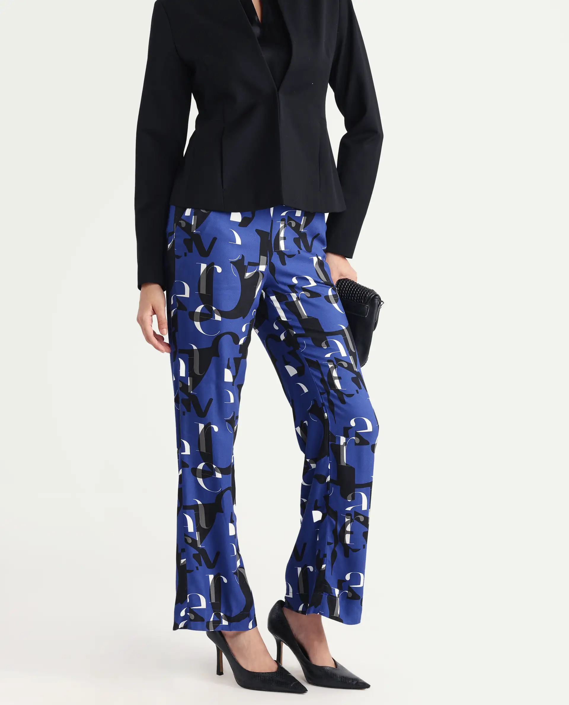 Rareism Women's Ryan Blue Viscose Typography Print Ankle Length Wide Trouser - Image 3