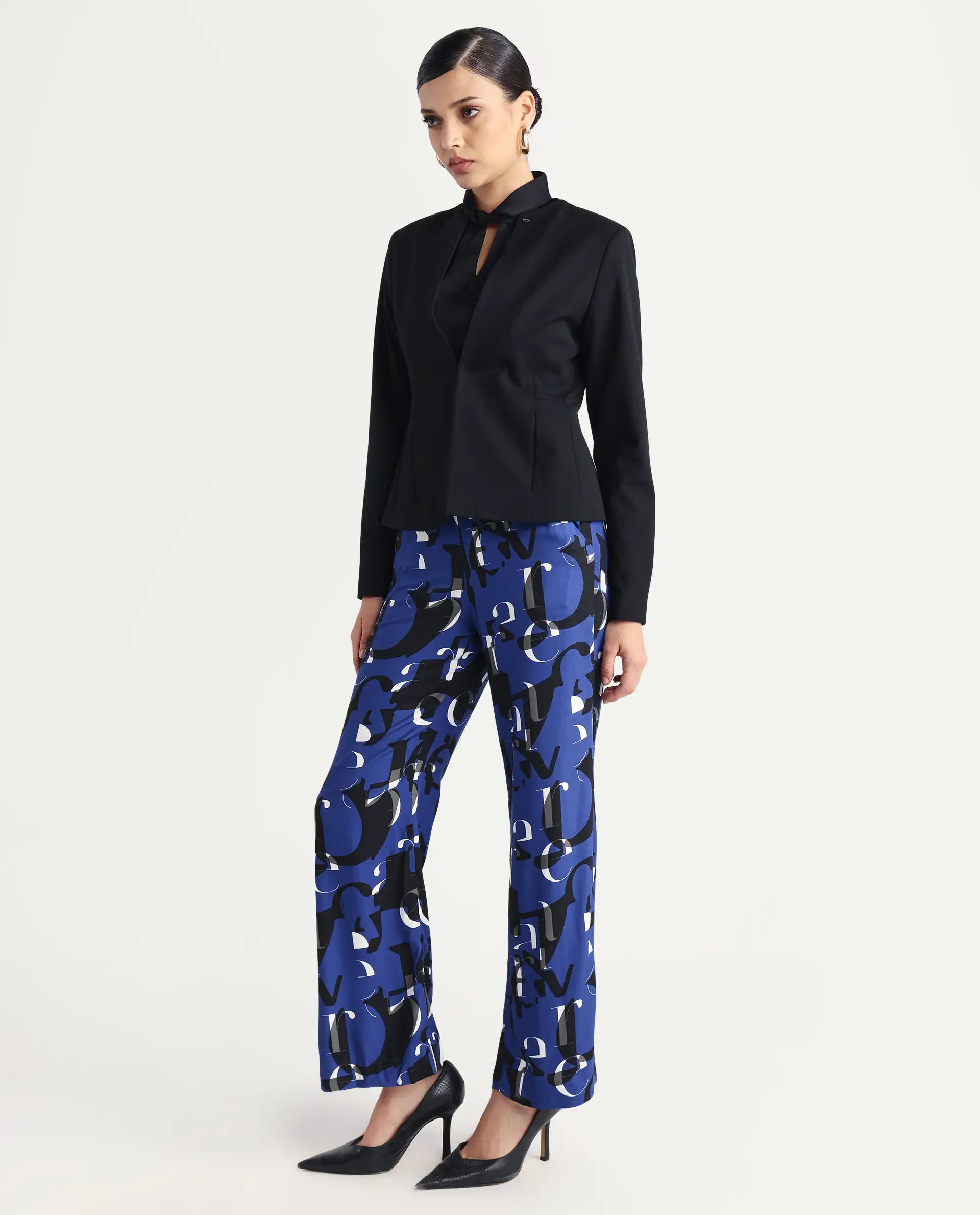 Rareism Women's Ryan Blue Viscose Typography Print Ankle Length Wide Trouser - Image 4