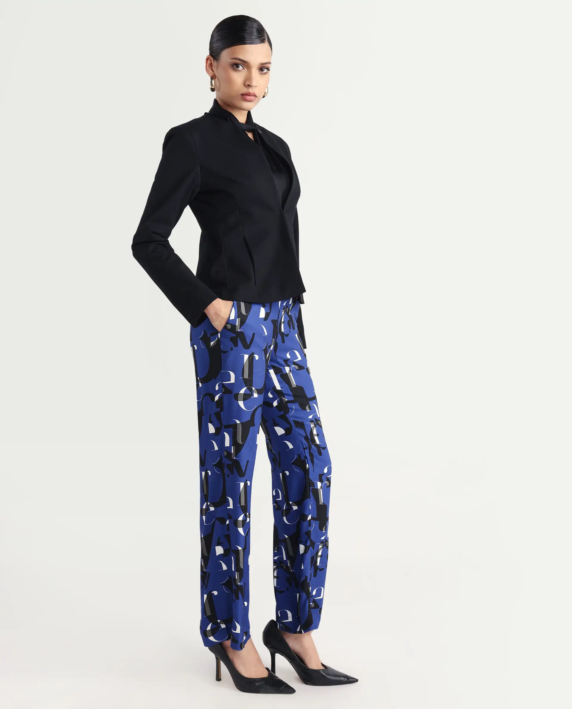 Rareism Women's Ryan Blue Viscose Typography Print Ankle Length Wide Trouser - Image 5
