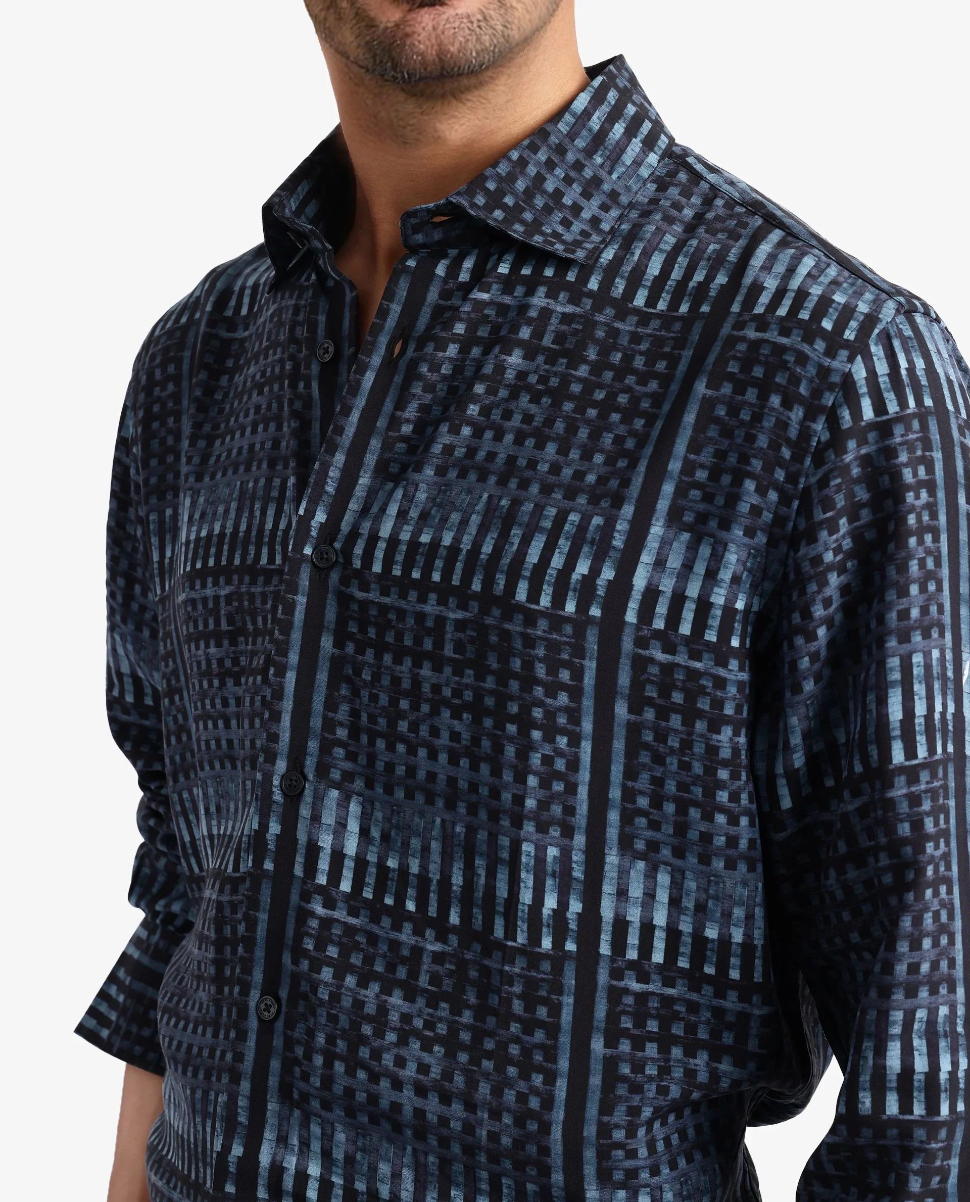 Rare Rabbit Men's Ryba Blue Cotton Geometric Print Regular Fit Full Sleeve Collared Shirt - Image 3