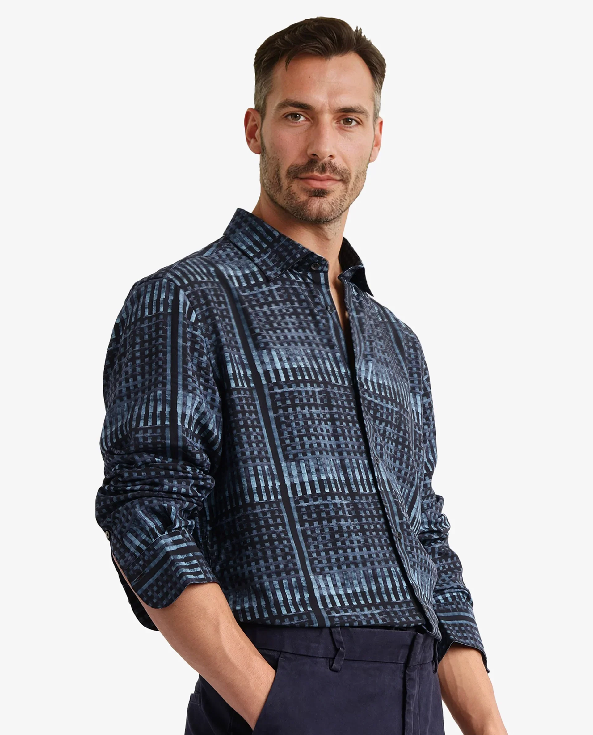 Rare Rabbit Men's Ryba Blue Cotton Geometric Print Regular Fit Full Sleeve Collared Shirt - Image 4