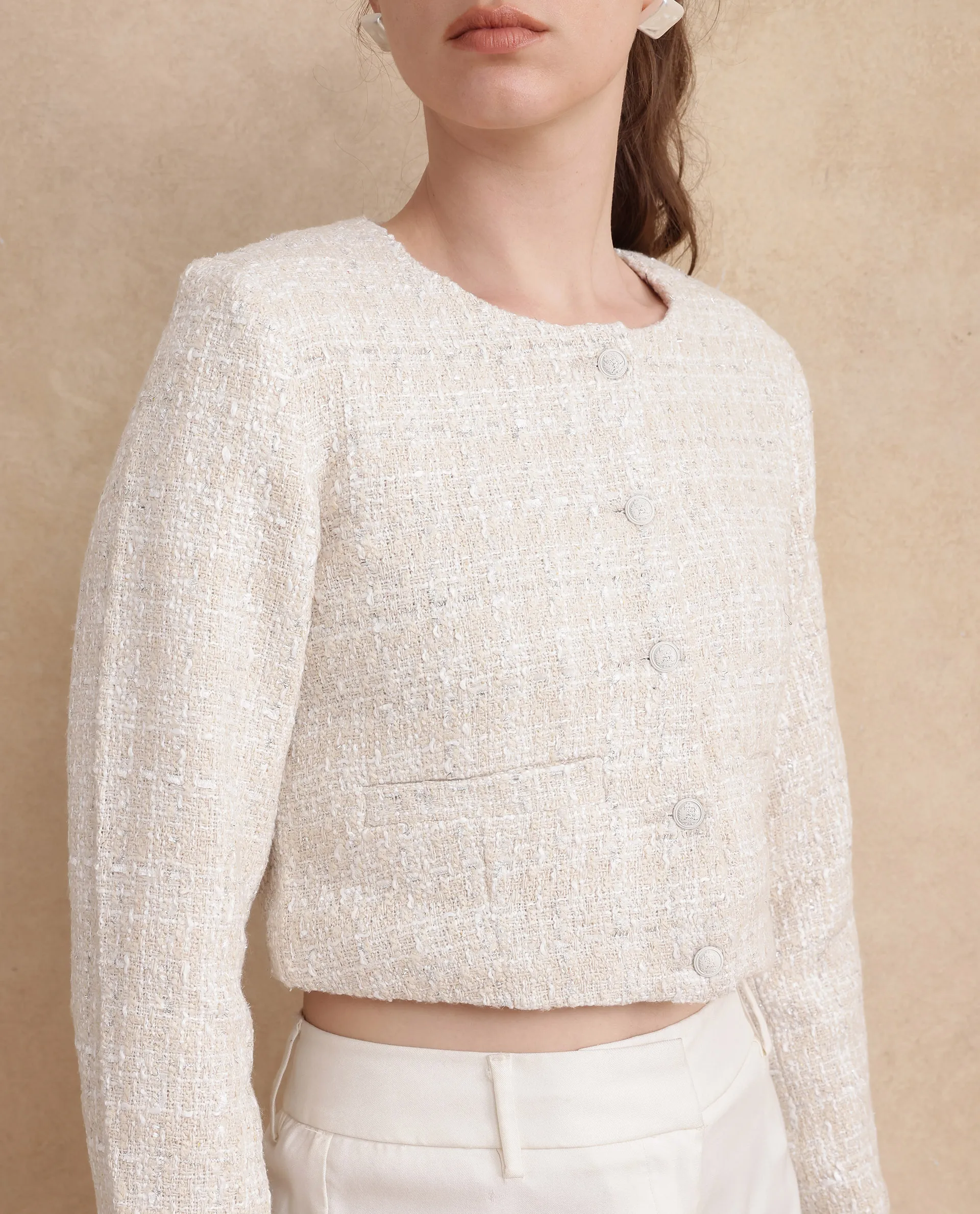 Rareism Women's Rybe Beige Polyester Blend Collarless Plain Crop Regular Fit Jacket - Image 2