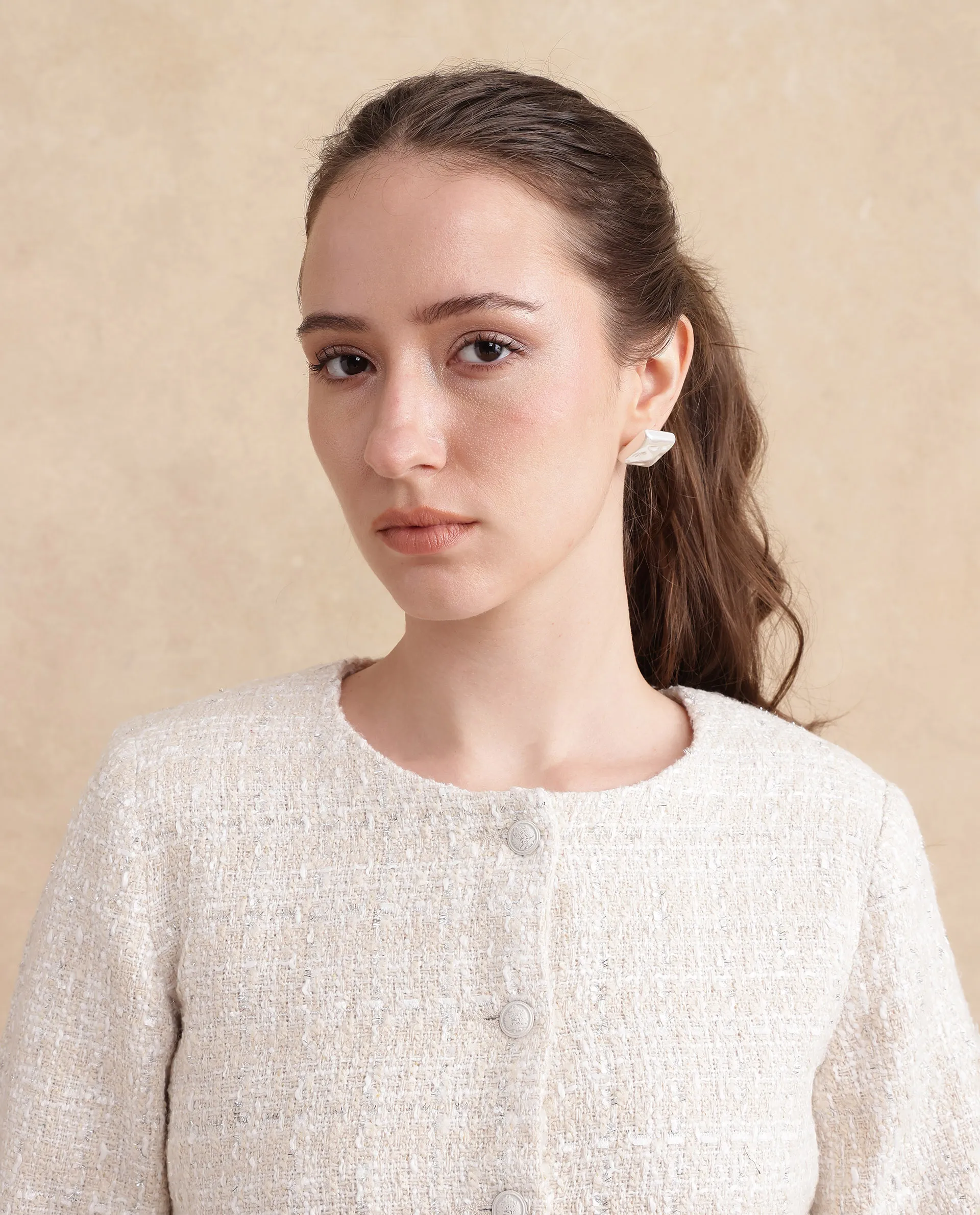 Rareism Women's Rybe Beige Polyester Blend Collarless Plain Crop Regular Fit Jacket - Image 4
