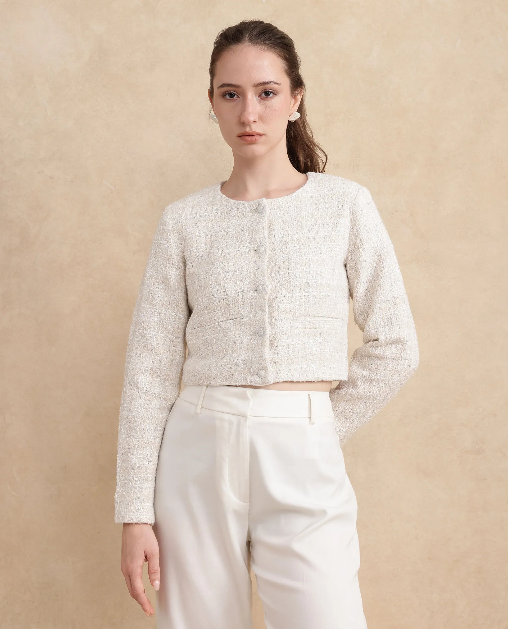 Rareism Women's Rybe Beige Polyester Blend Collarless Plain Crop Regular Fit Jacket - Image 5