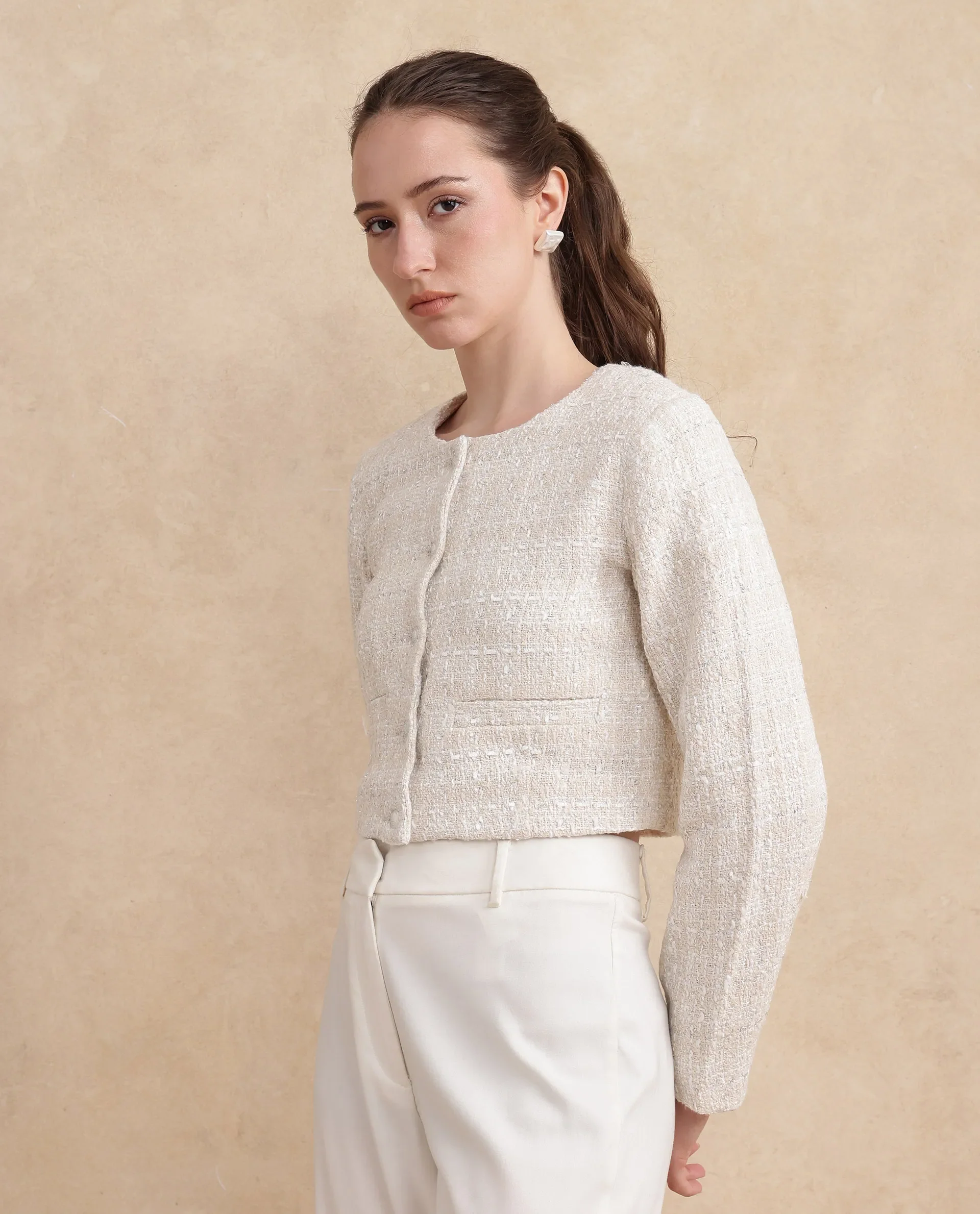 Rareism Women's Rybe Beige Polyester Blend Collarless Plain Crop Regular Fit Jacket - Image 6