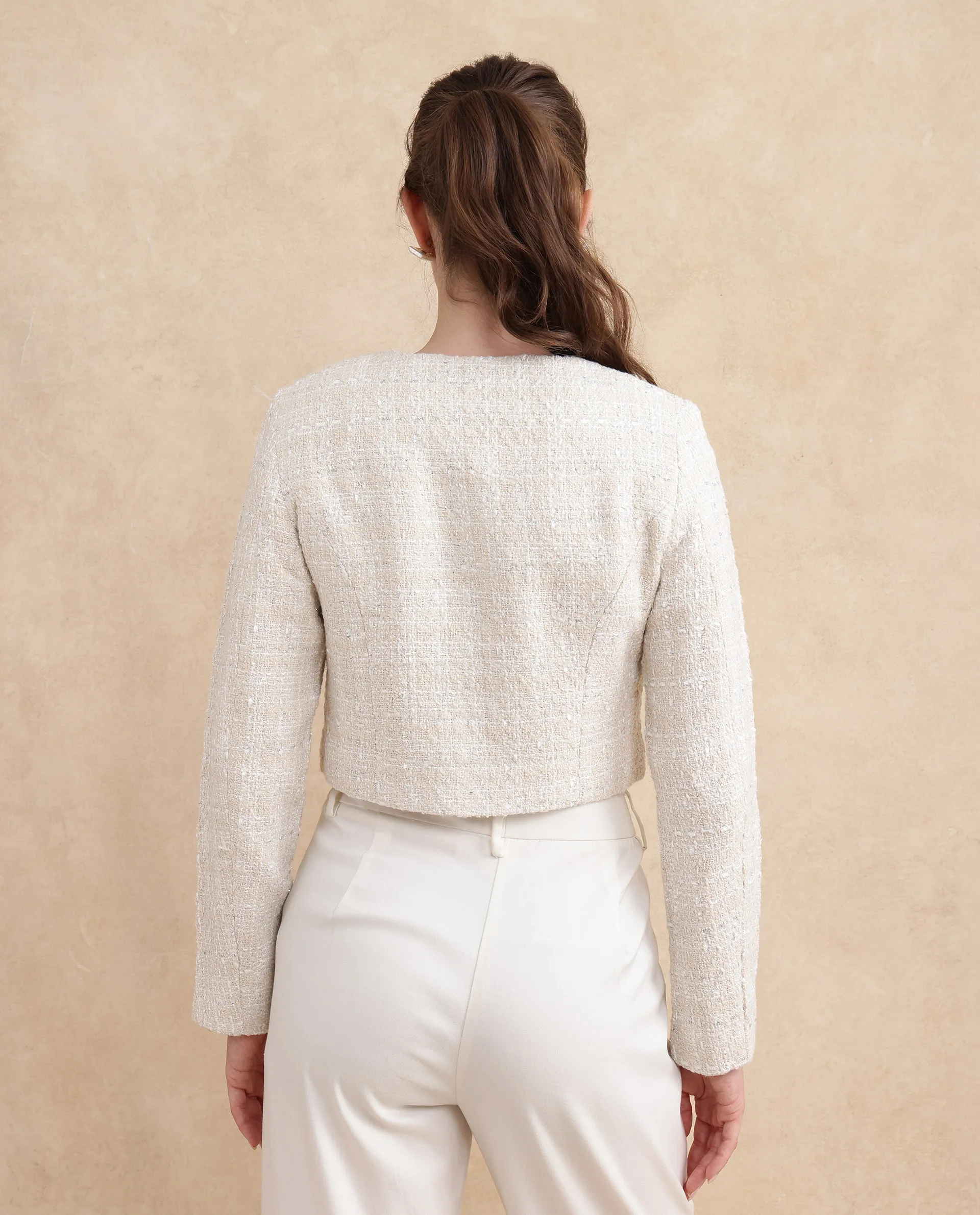 Rareism Women's Rybe Beige Polyester Blend Collarless Plain Crop Regular Fit Jacket - Image 8