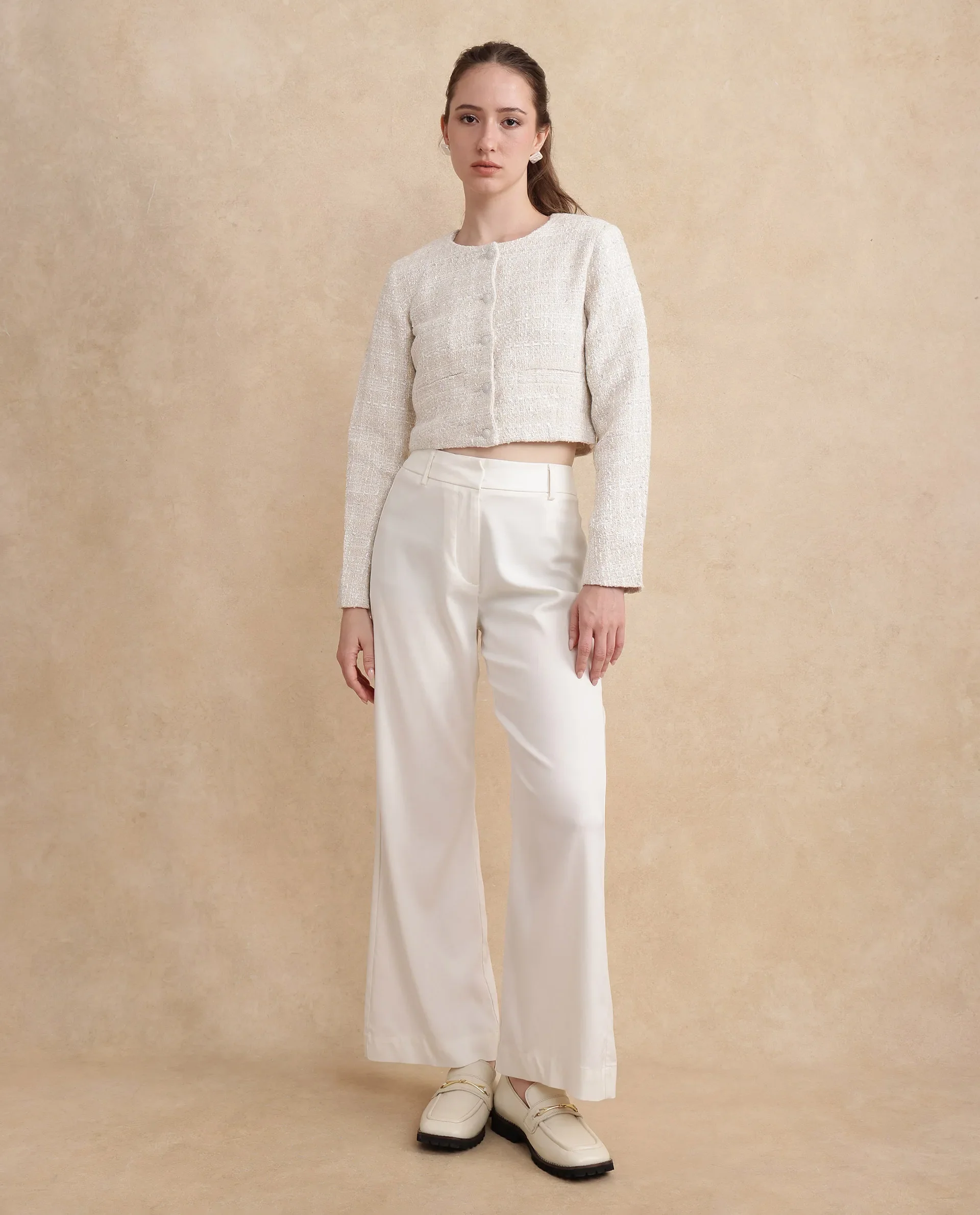 Rareism Women's Rybe Beige Polyester Blend Collarless Plain Crop Regular Fit Jacket - Image 9