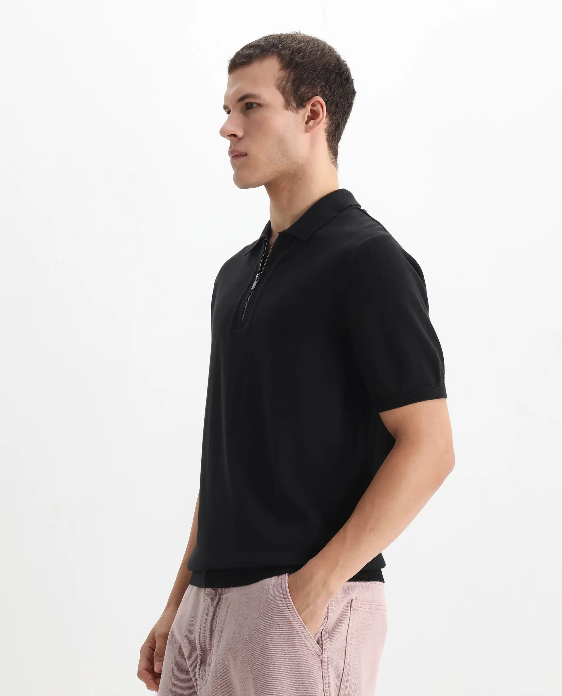 Rare Rabbit Men's Ryd Black Cotton Plain Regular Fit Half Sleeve Polo - Image 4