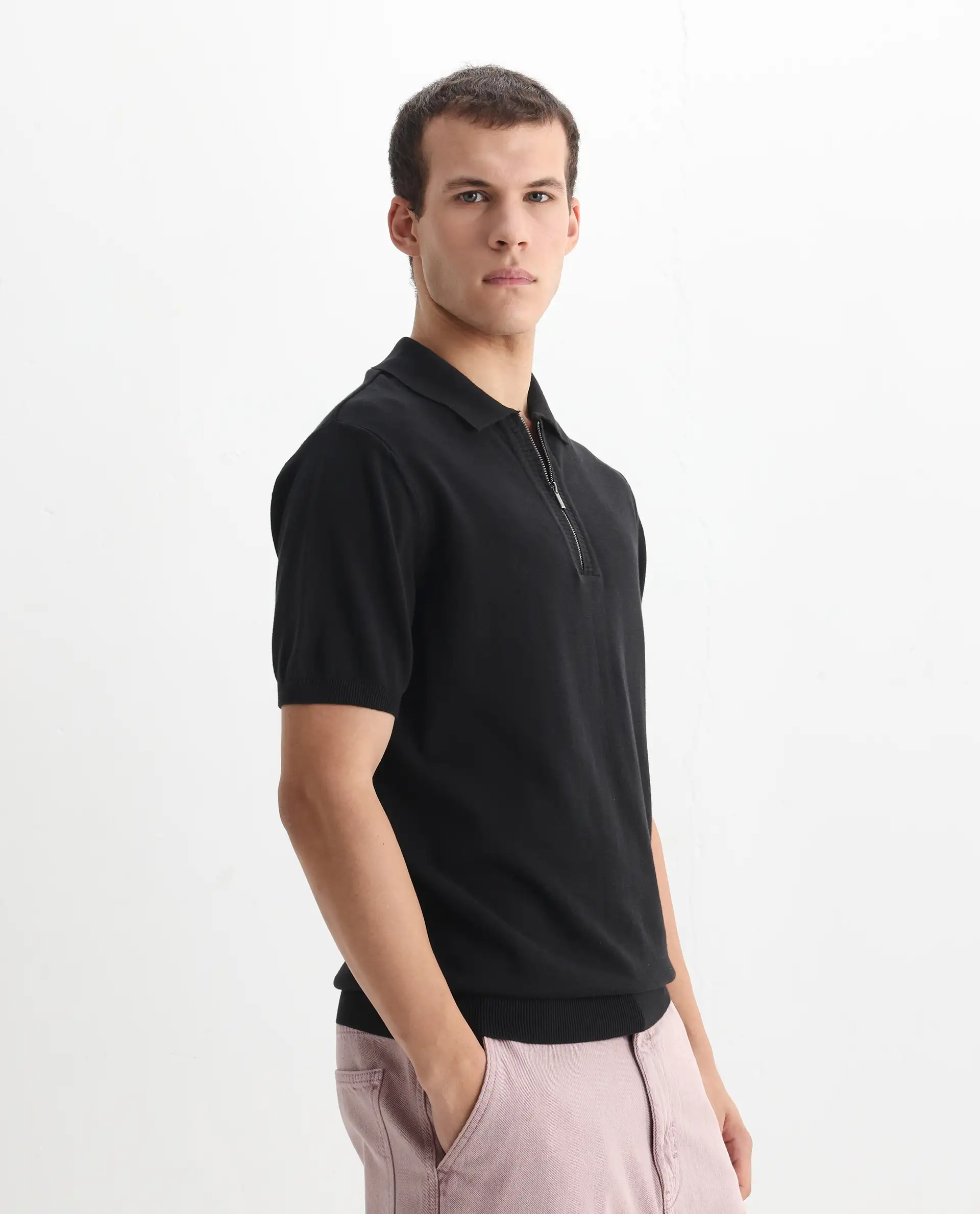 Rare Rabbit Men's Ryd Black Cotton Plain Regular Fit Half Sleeve Polo - Image 5