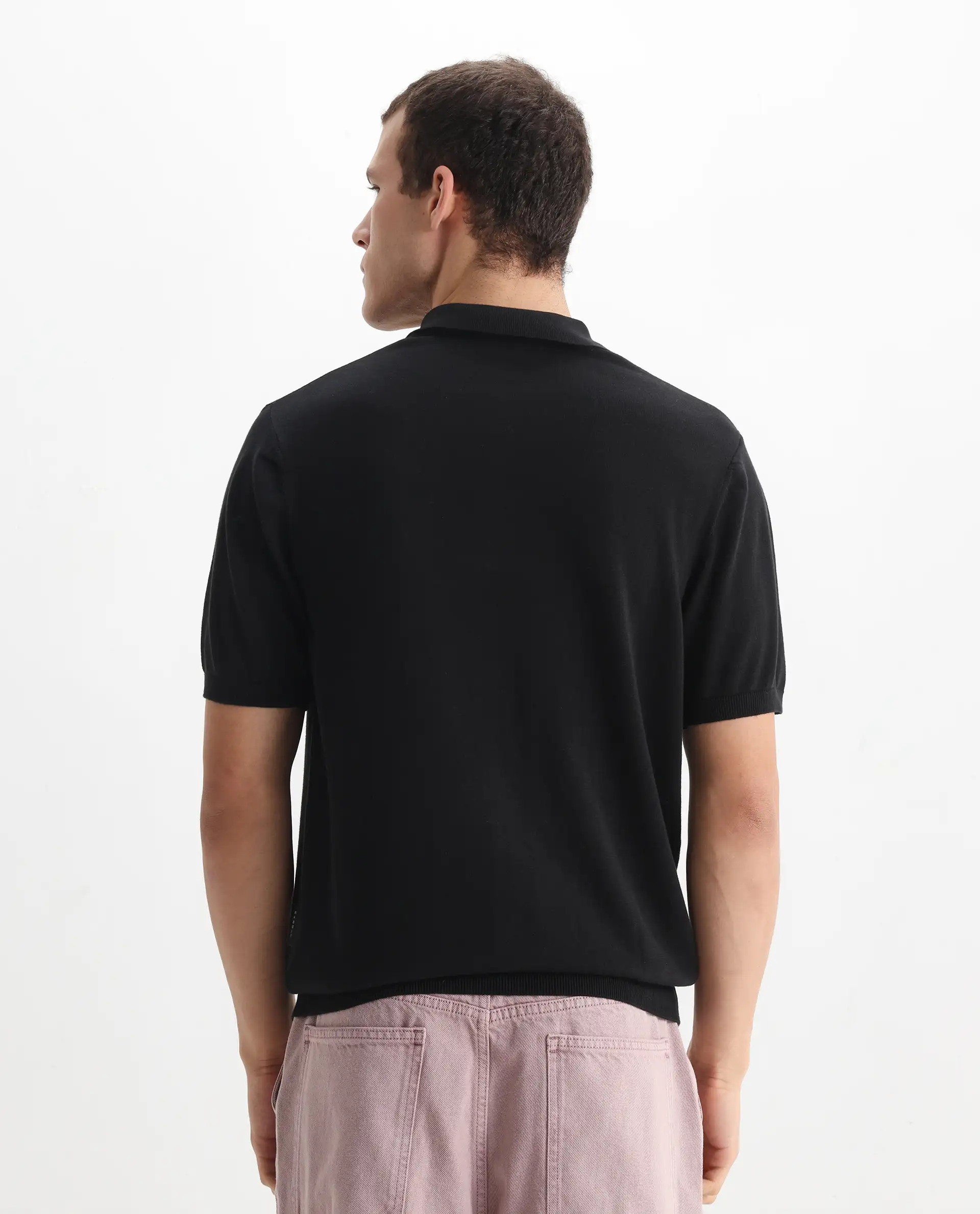 Rare Rabbit Men's Ryd Black Cotton Plain Regular Fit Half Sleeve Polo - Image 6