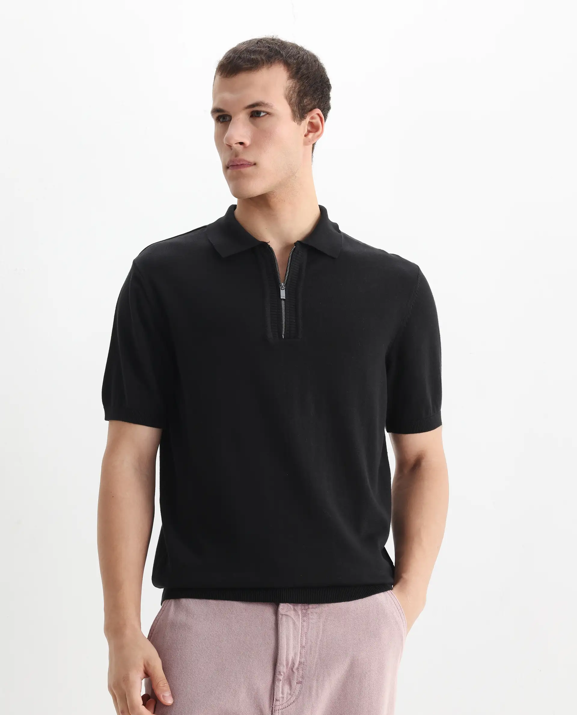 Rare Rabbit Men's Ryd Black Cotton Plain Regular Fit Half Sleeve Polo - Image 7