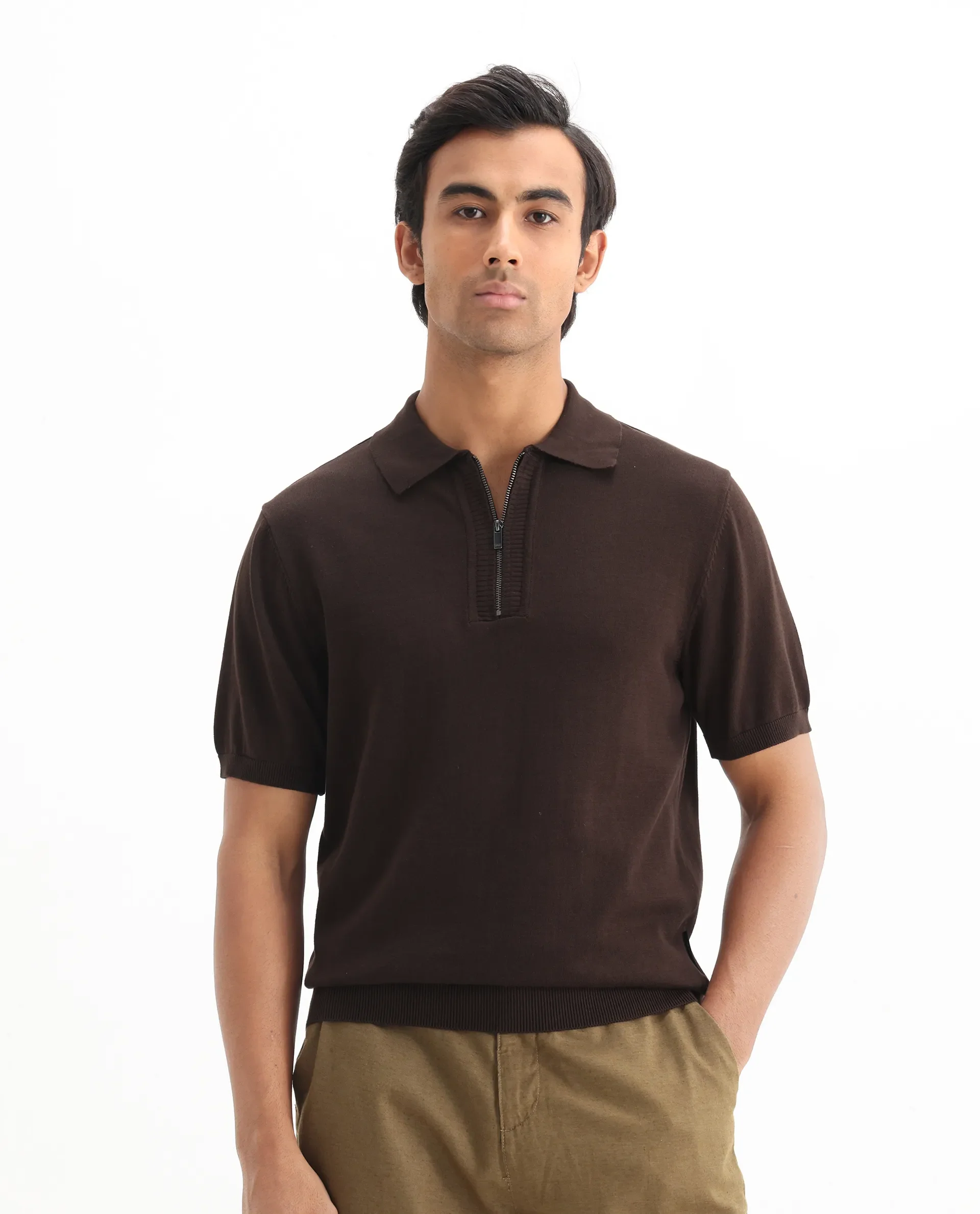 Rare Rabbit Men's Ryd Brown Cotton Plain Regular Fit Half Sleeve Polo - Image 3