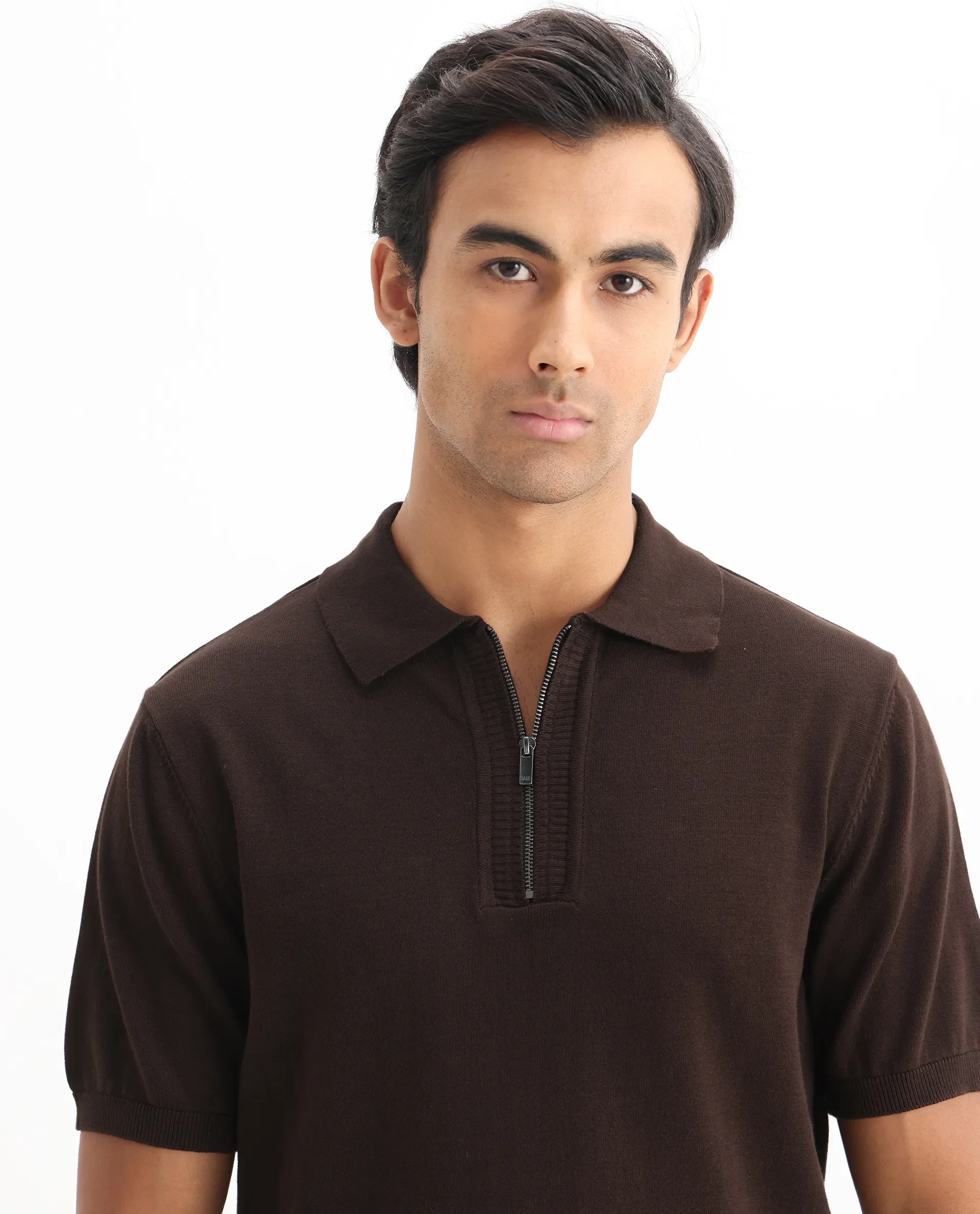 Rare Rabbit Men's Ryd Brown Cotton Plain Regular Fit Half Sleeve Polo - Image 4