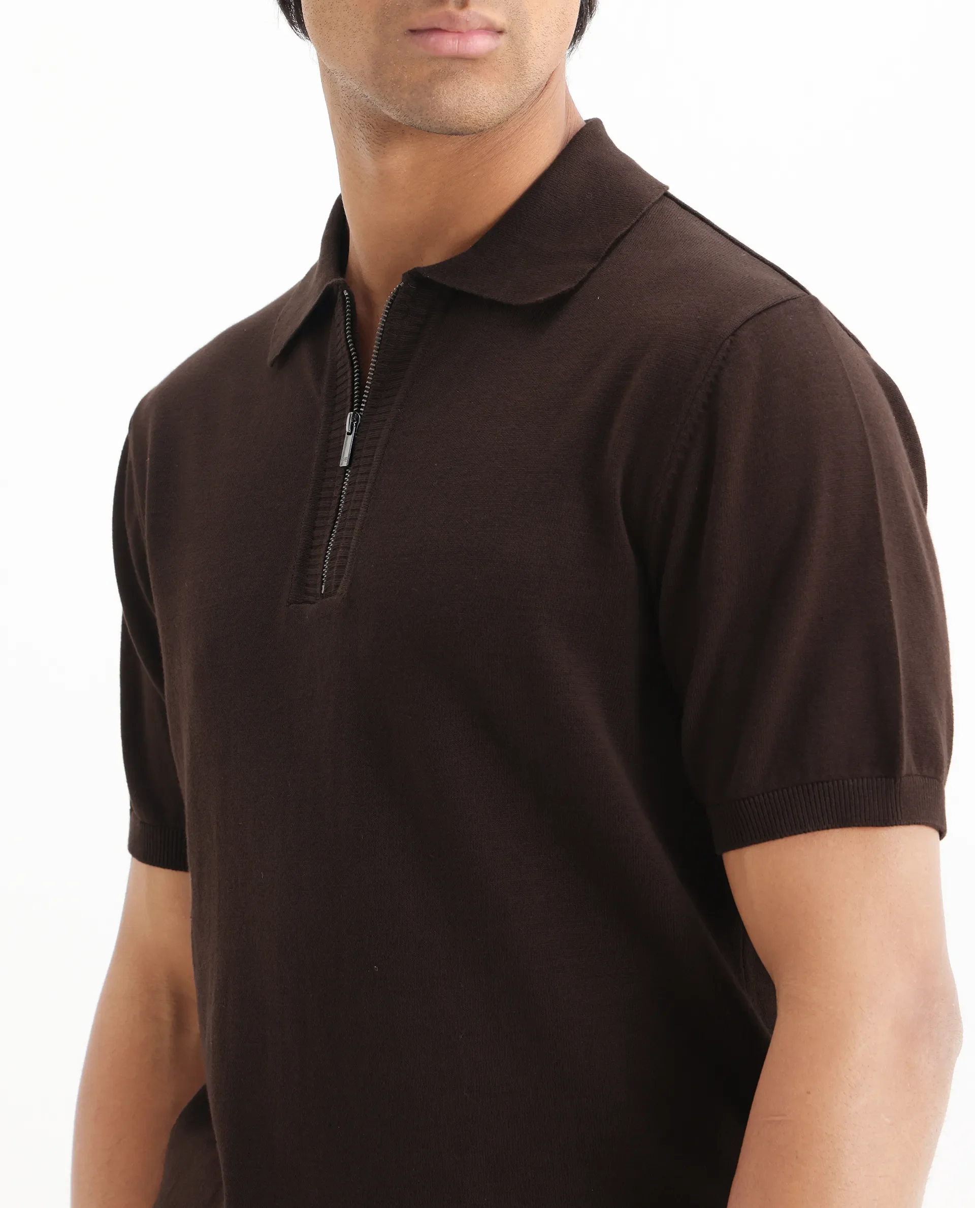 Rare Rabbit Men's Ryd Brown Cotton Plain Regular Fit Half Sleeve Polo - Image 5