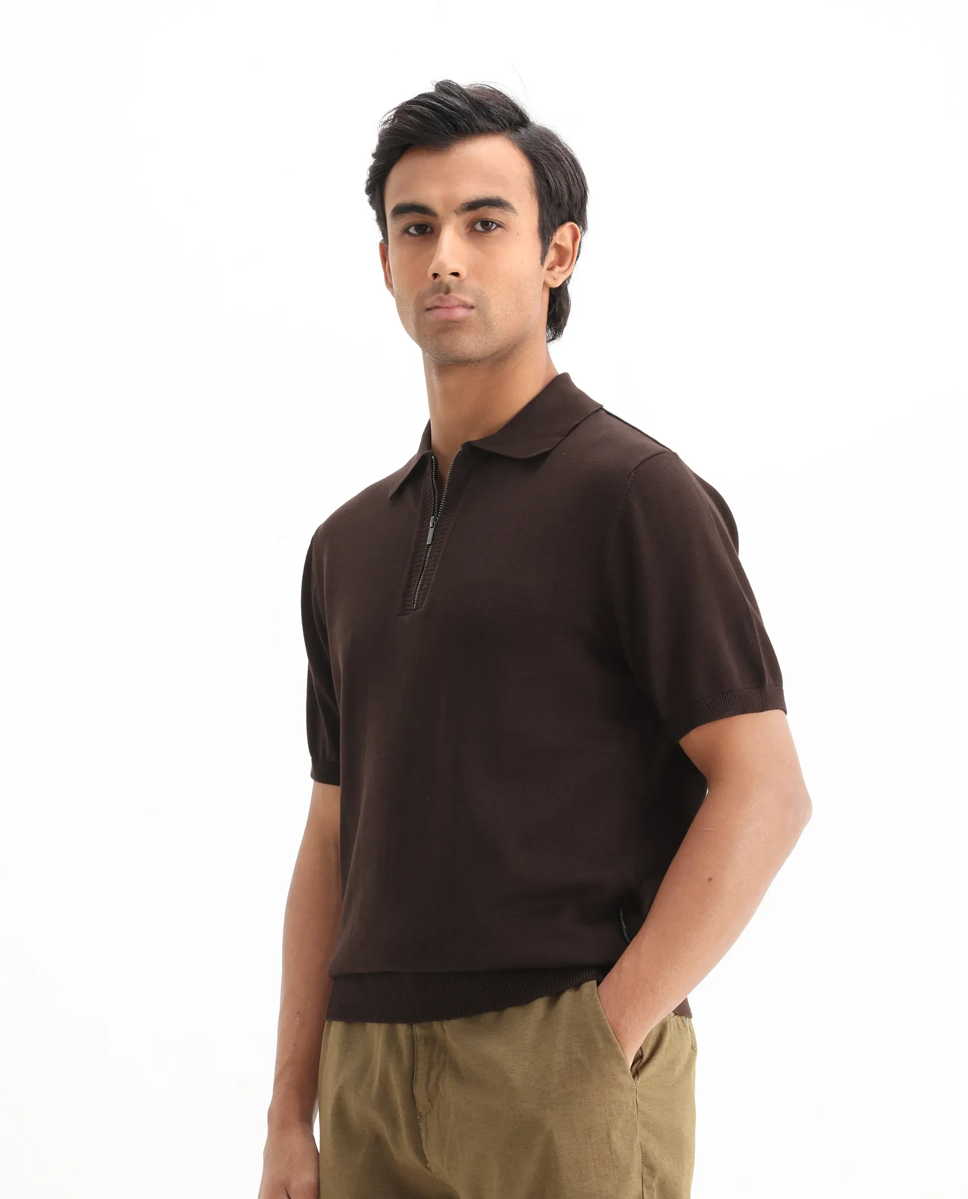 Rare Rabbit Men's Ryd Brown Cotton Plain Regular Fit Half Sleeve Polo - Image 7