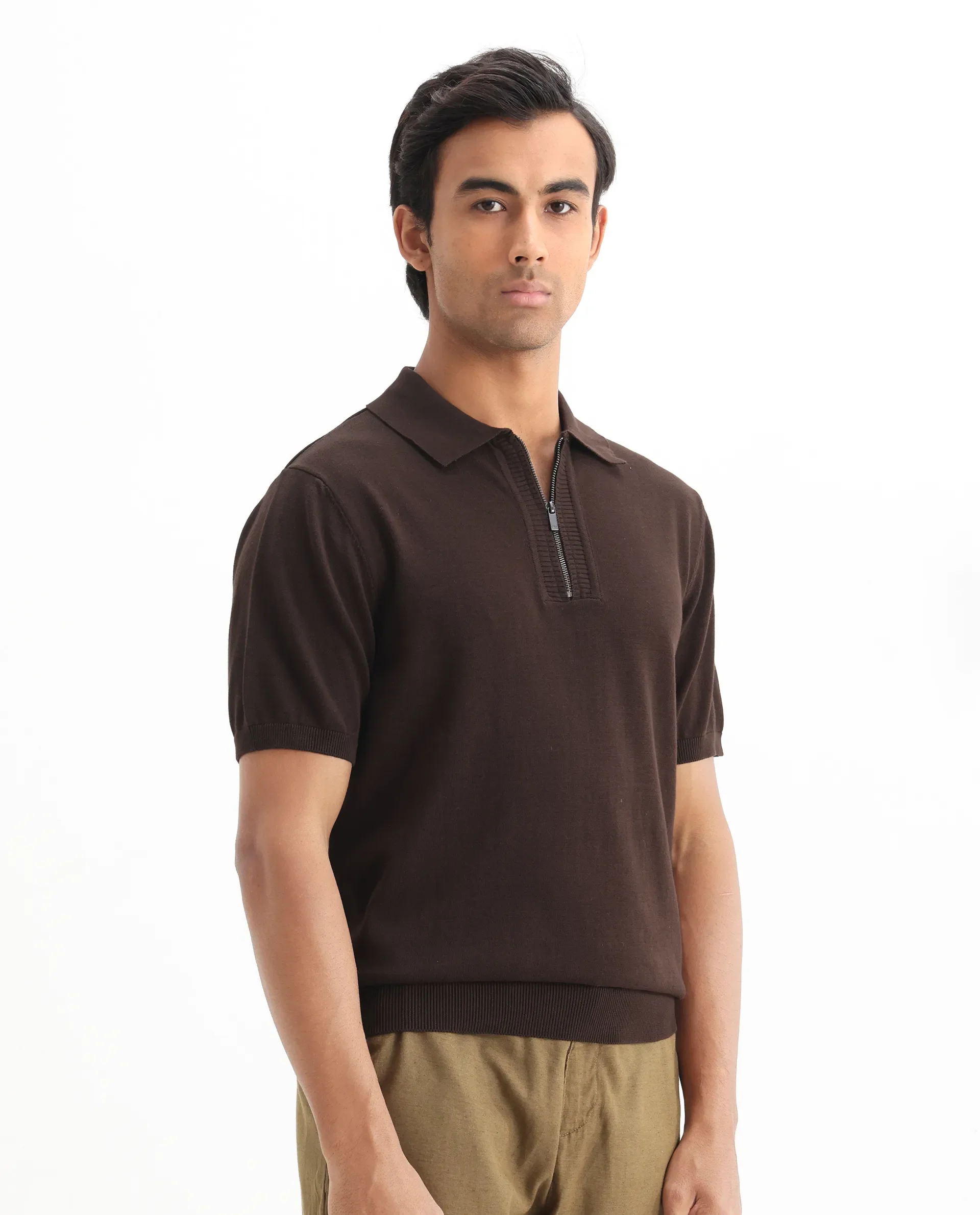 Rare Rabbit Men's Ryd Brown Cotton Plain Regular Fit Half Sleeve Polo - Image 8