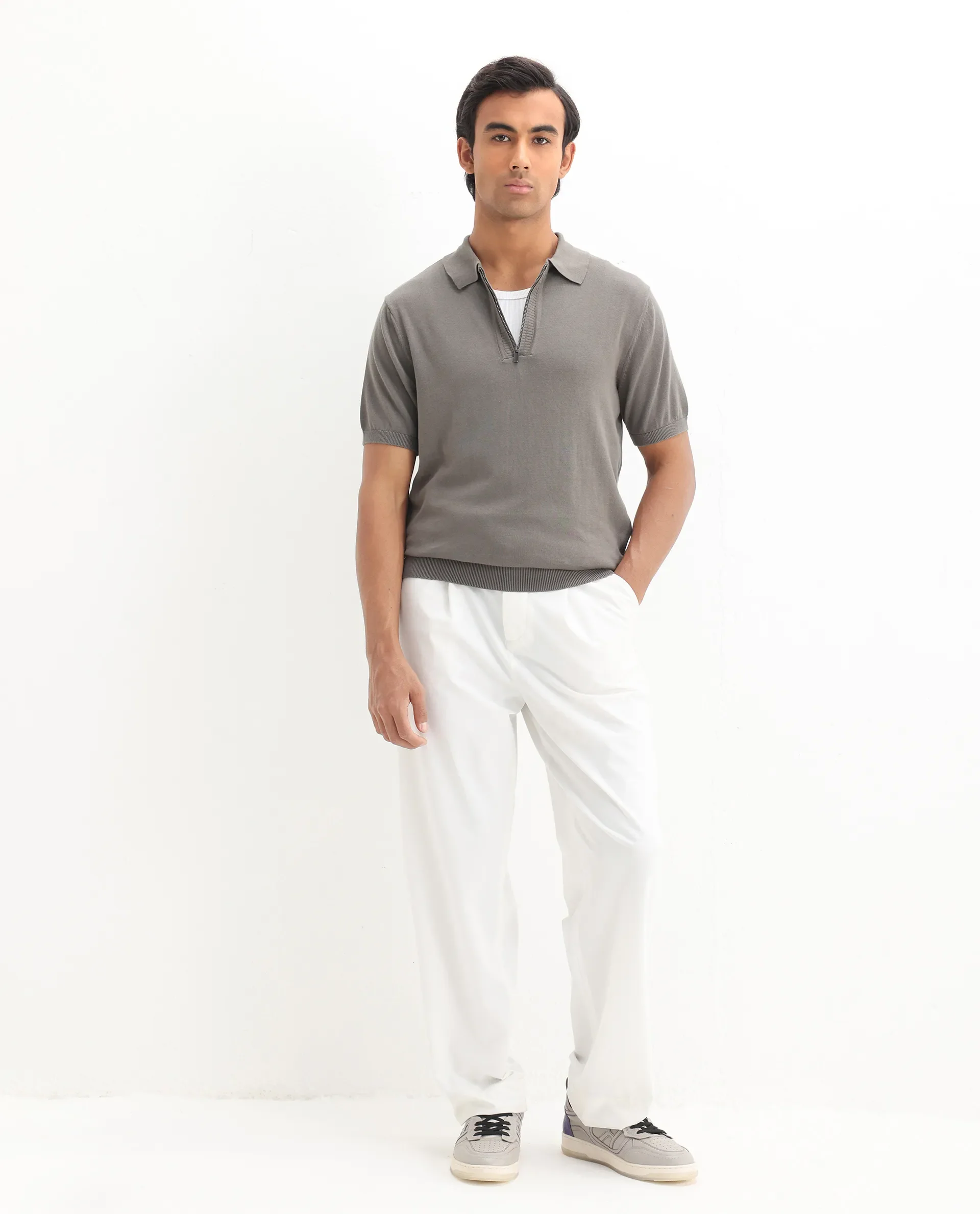 Rare Rabbit Men's Ryd Dark Grey Cotton Plain Regular Fit Half Sleeve Polo - Image 2