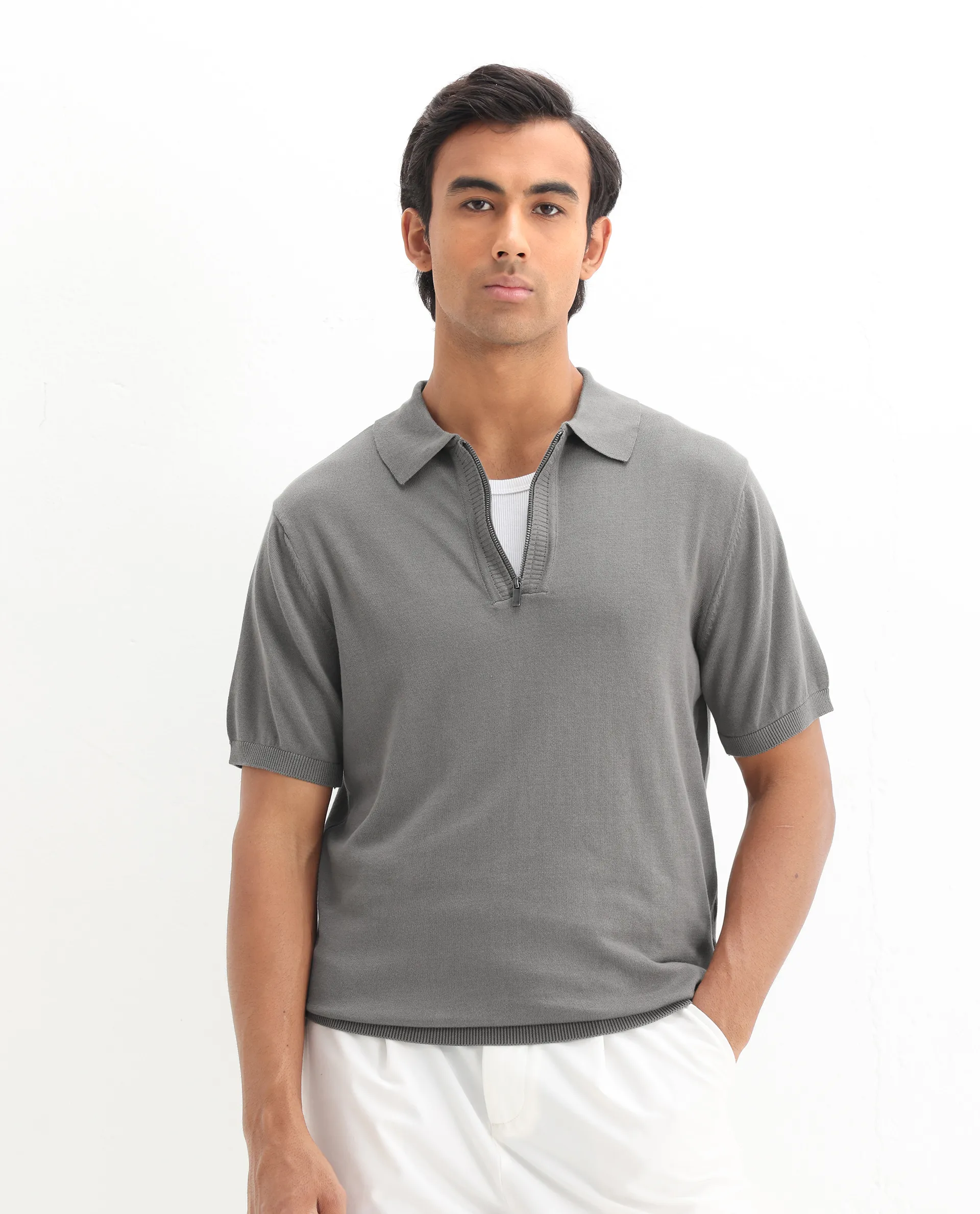 Rare Rabbit Men's Ryd Dark Grey Cotton Plain Regular Fit Half Sleeve Polo - Image 3
