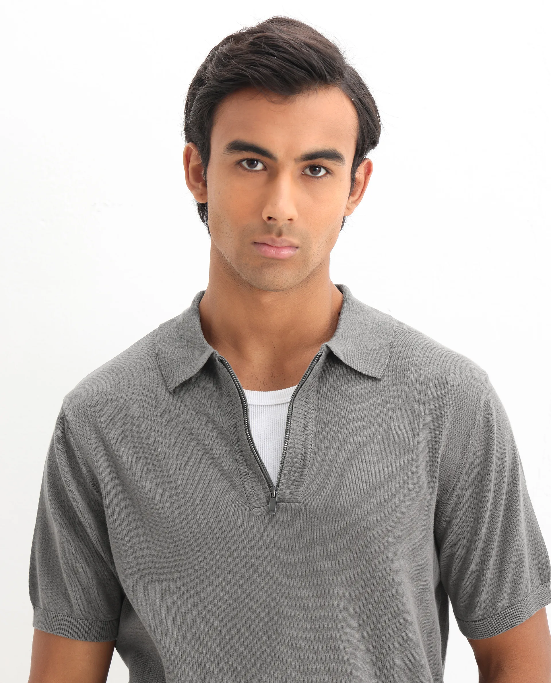 Rare Rabbit Men's Ryd Dark Grey Cotton Plain Regular Fit Half Sleeve Polo - Image 4
