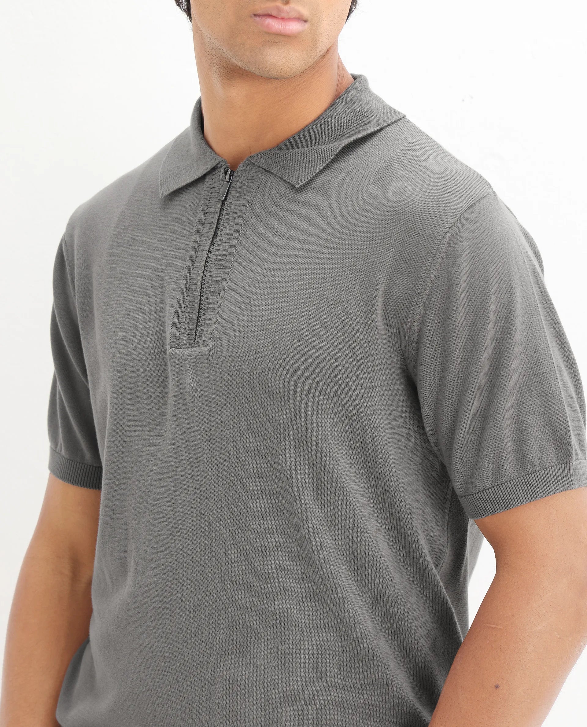 Rare Rabbit Men's Ryd Dark Grey Cotton Plain Regular Fit Half Sleeve Polo - Image 5