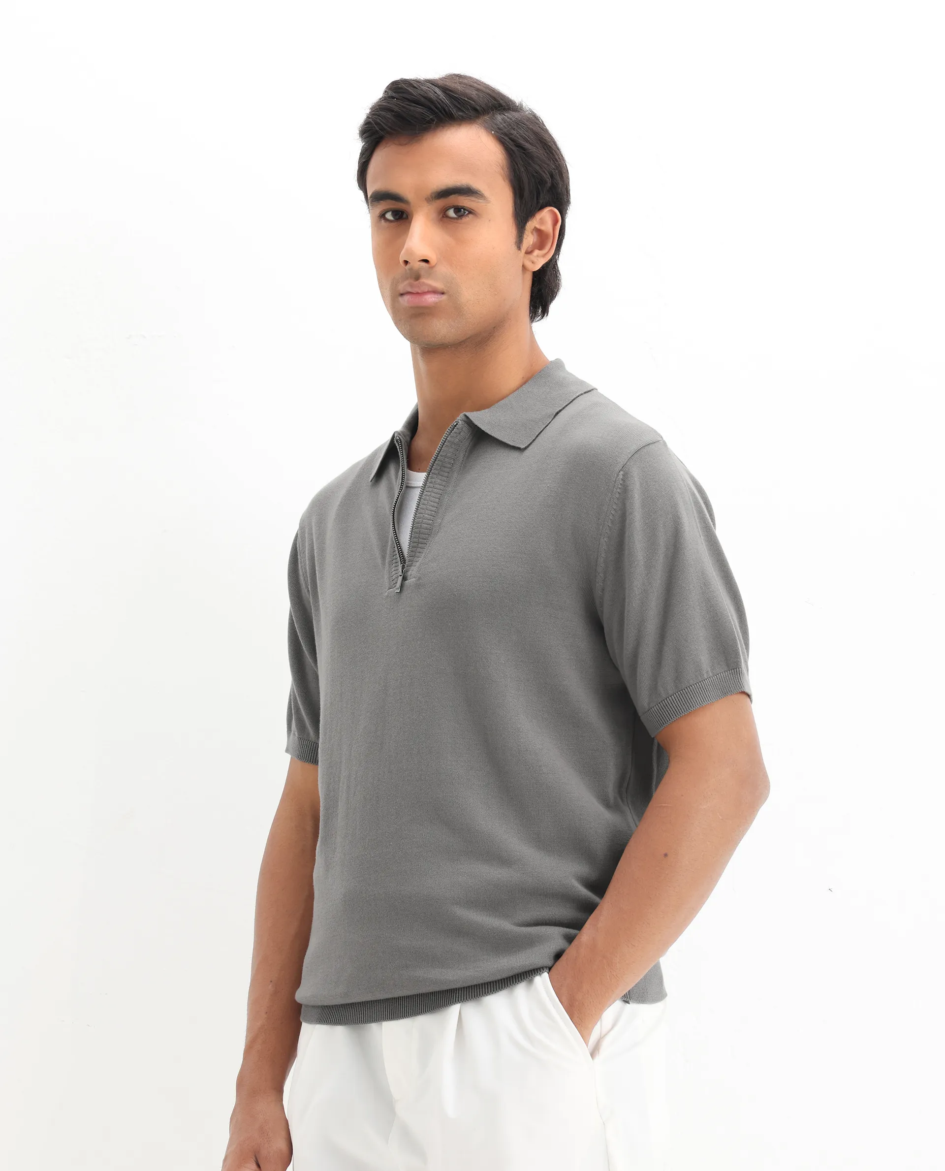 Rare Rabbit Men's Ryd Dark Grey Cotton Plain Regular Fit Half Sleeve Polo - Image 7
