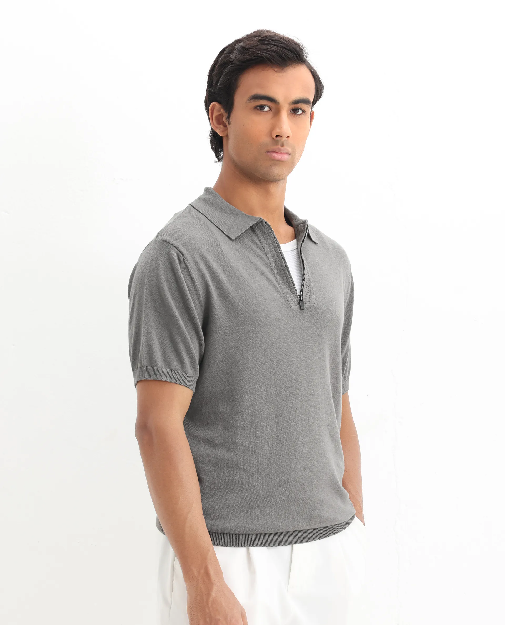 Rare Rabbit Men's Ryd Dark Grey Cotton Plain Regular Fit Half Sleeve Polo - Image 8