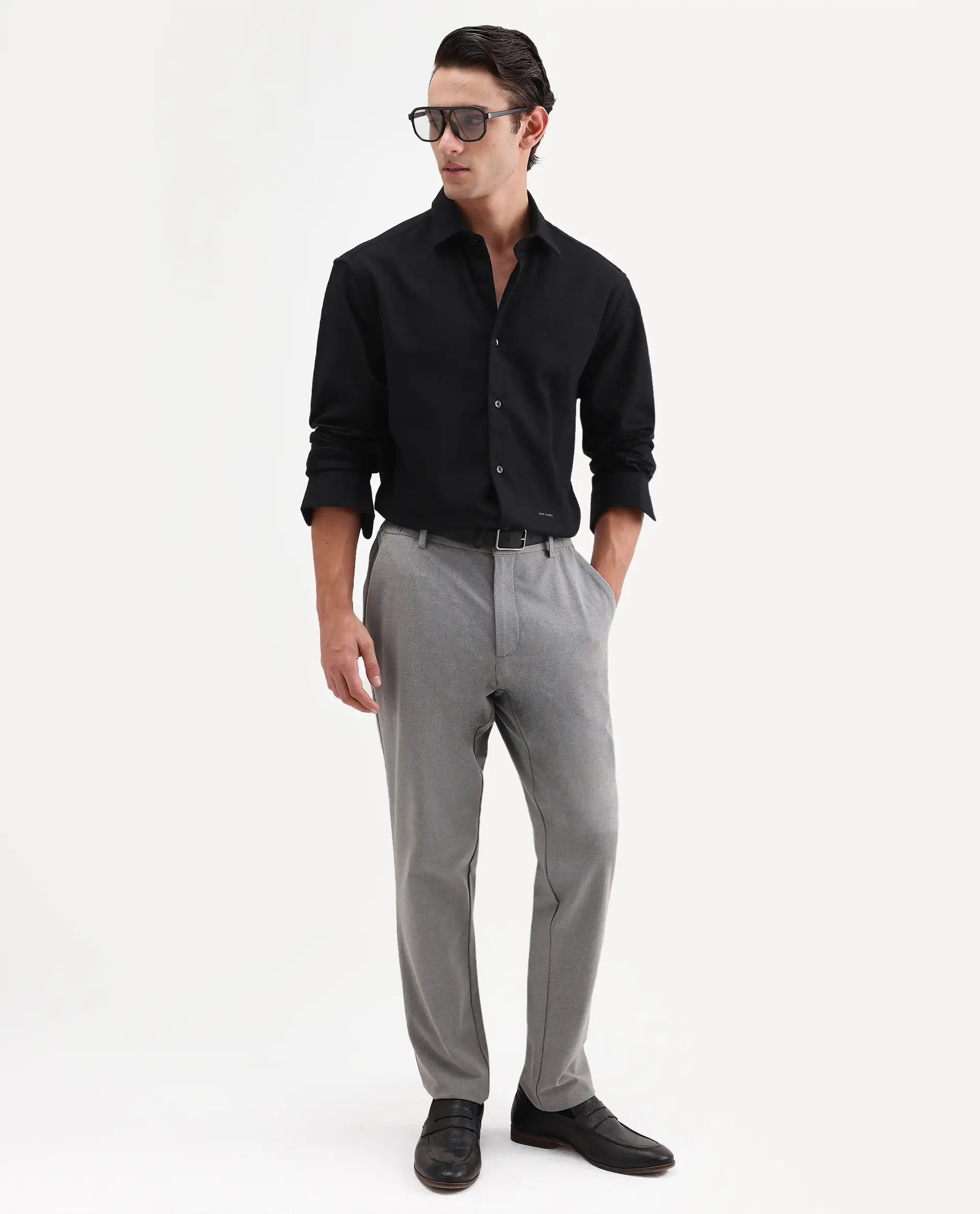 Rare Rabbit Men's Ryka Black Cotton Fabric Full Sleeve Collared Regular Fit Plain Shirt - Image 2
