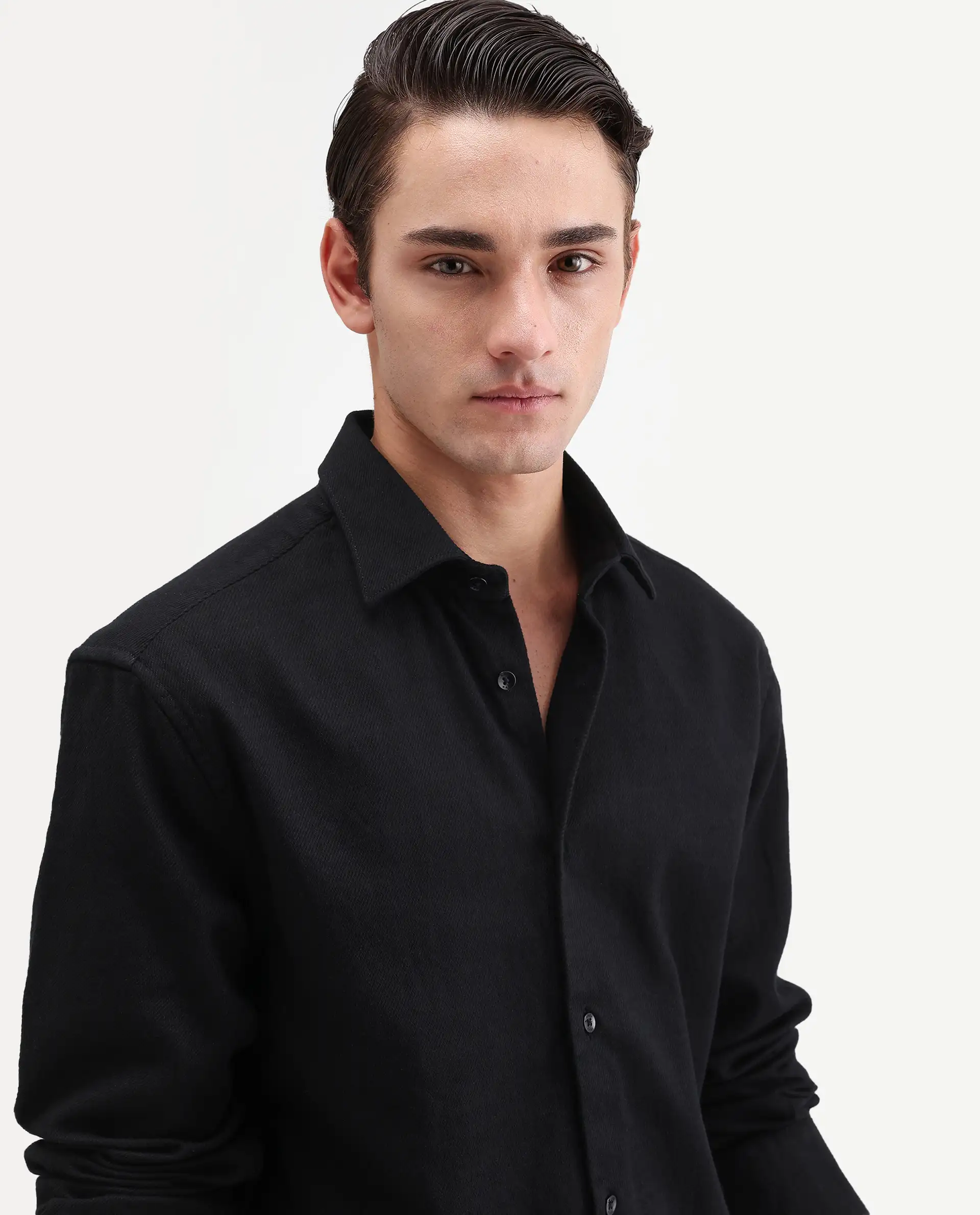 Rare Rabbit Men's Ryka Black Cotton Fabric Full Sleeve Collared Regular Fit Plain Shirt - Image 3