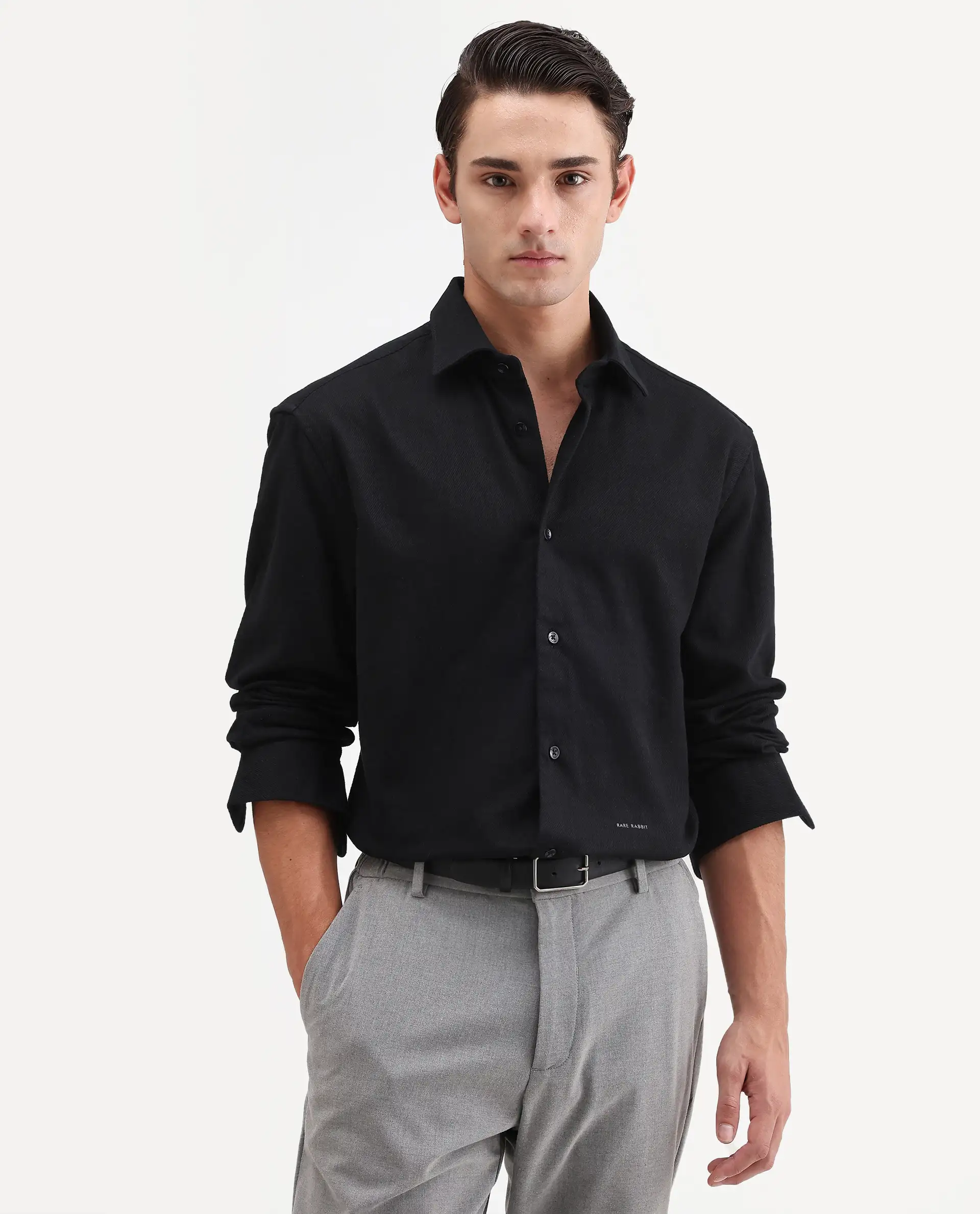 Rare Rabbit Men's Ryka Black Cotton Fabric Full Sleeve Collared Regular Fit Plain Shirt - Image 4