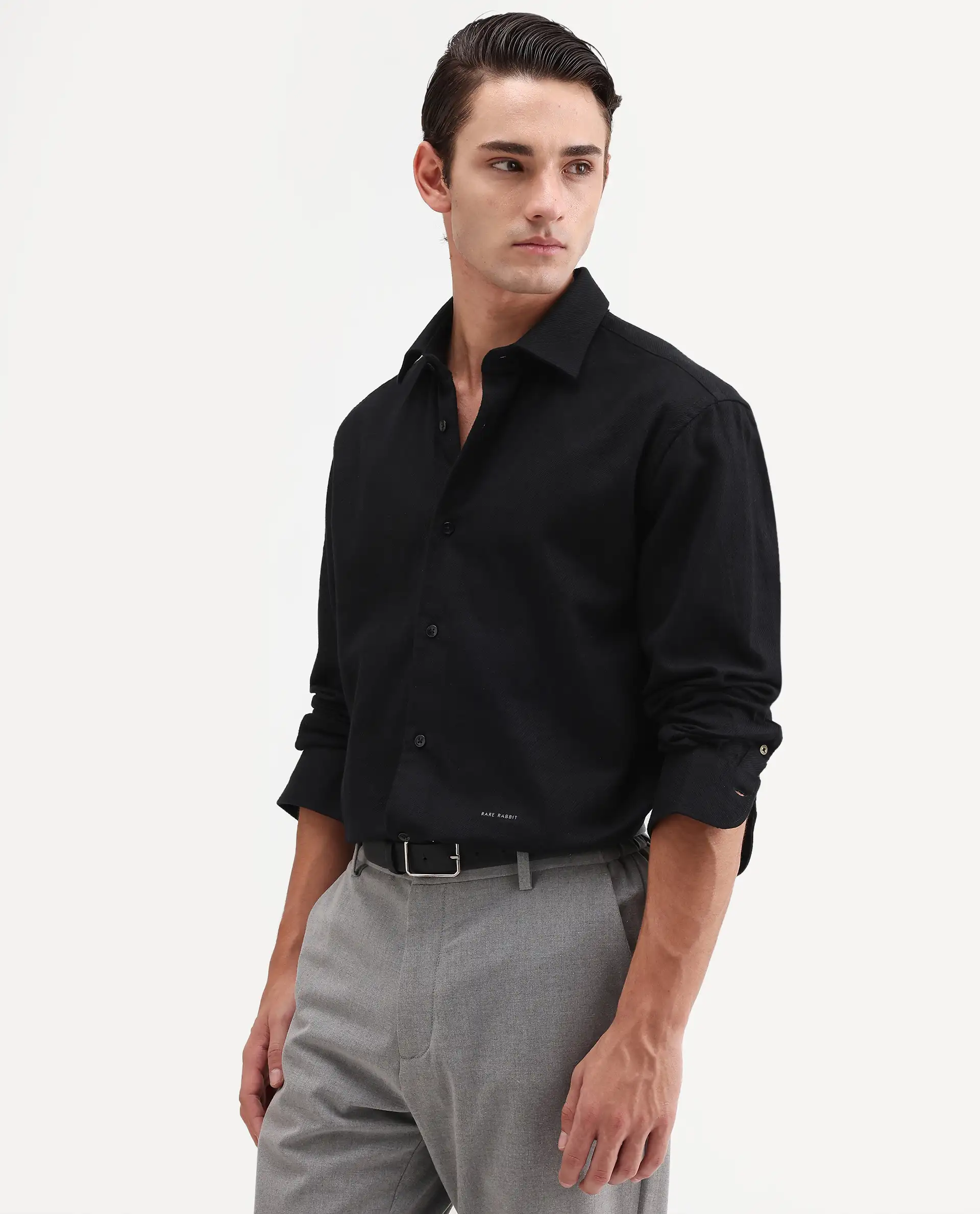 Rare Rabbit Men's Ryka Black Cotton Fabric Full Sleeve Collared Regular Fit Plain Shirt - Image 5