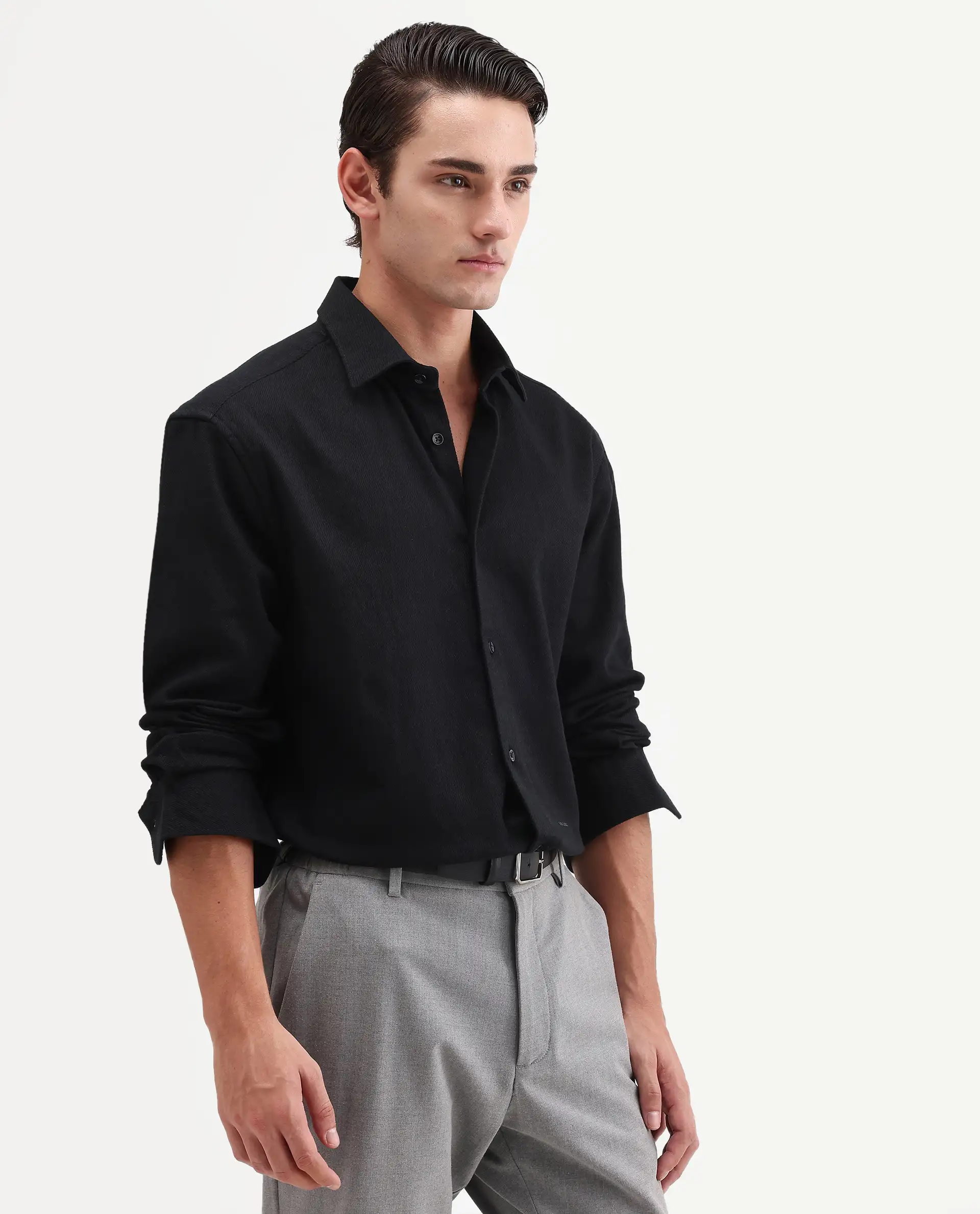 Rare Rabbit Men's Ryka Black Cotton Fabric Full Sleeve Collared Regular Fit Plain Shirt - Image 6