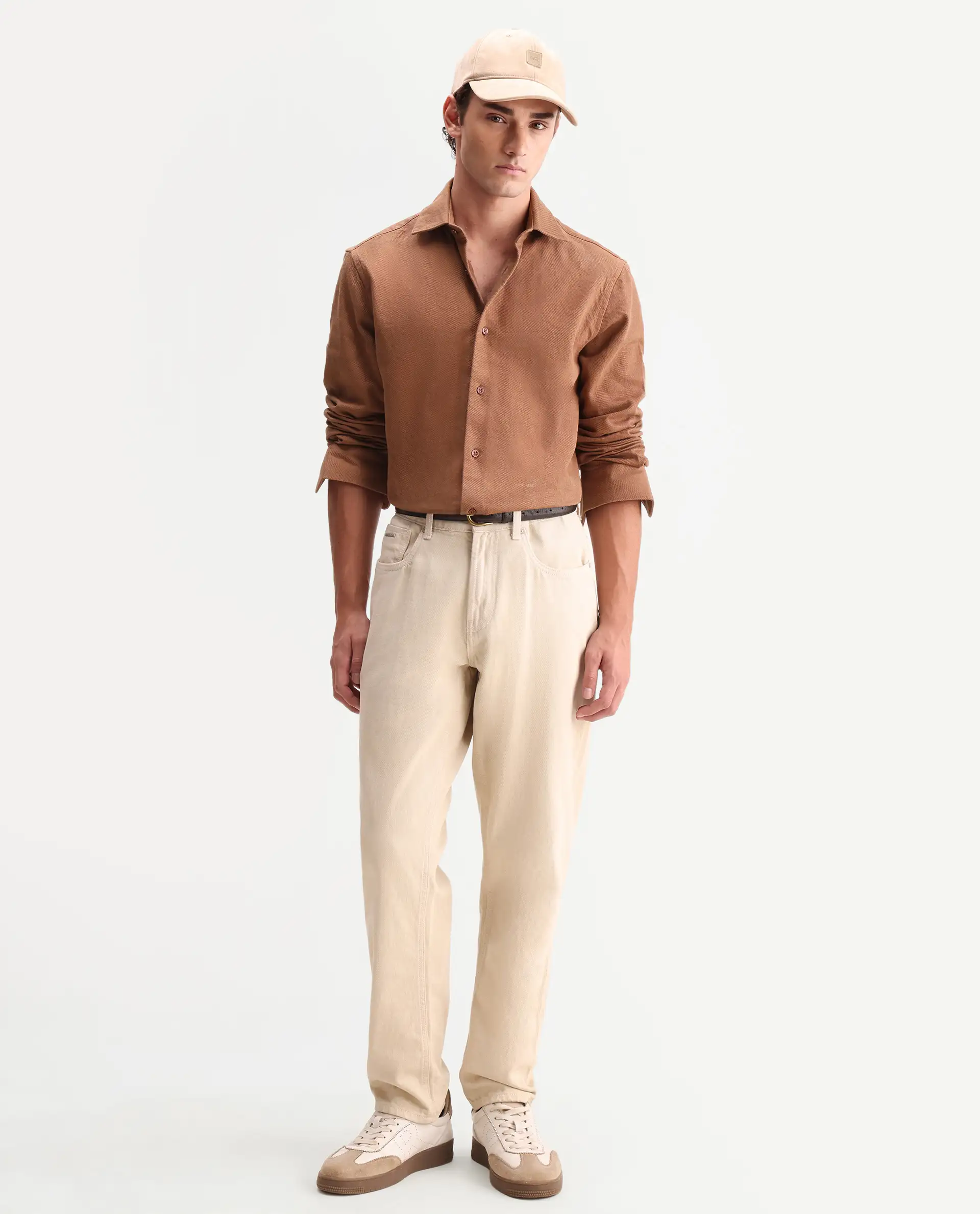 Rare Rabbit Men's Ryka Brown Cotton Fabric Full Sleeve Collared Regular Fit Plain Shirt - Image 2