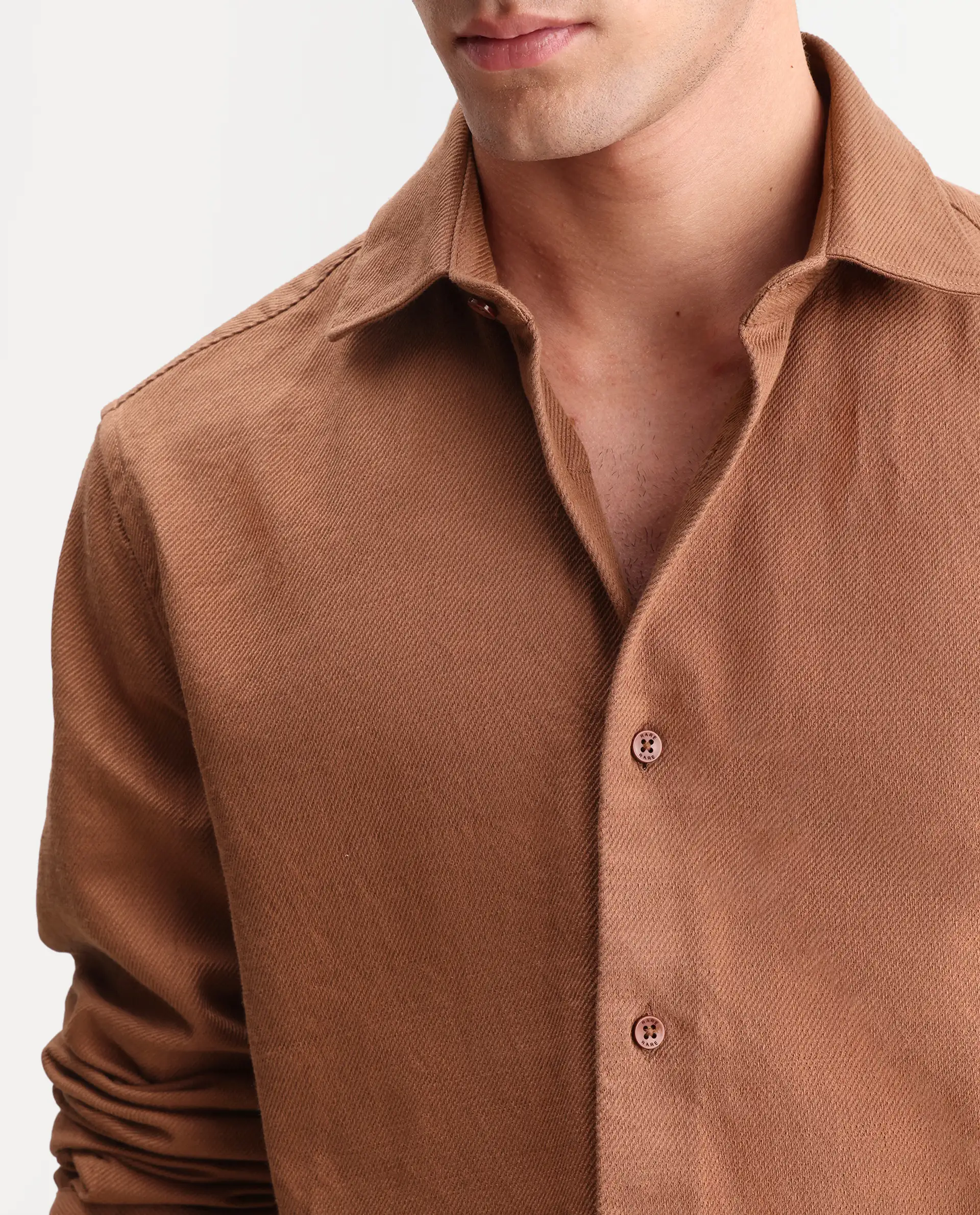 Rare Rabbit Men's Ryka Brown Cotton Fabric Full Sleeve Collared Regular Fit Plain Shirt - Image 3