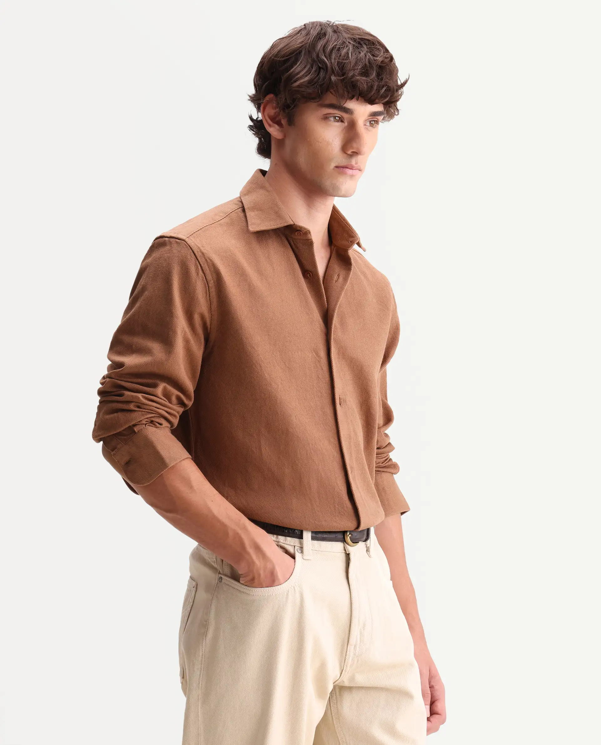 Rare Rabbit Men's Ryka Brown Cotton Fabric Full Sleeve Collared Regular Fit Plain Shirt - Image 4