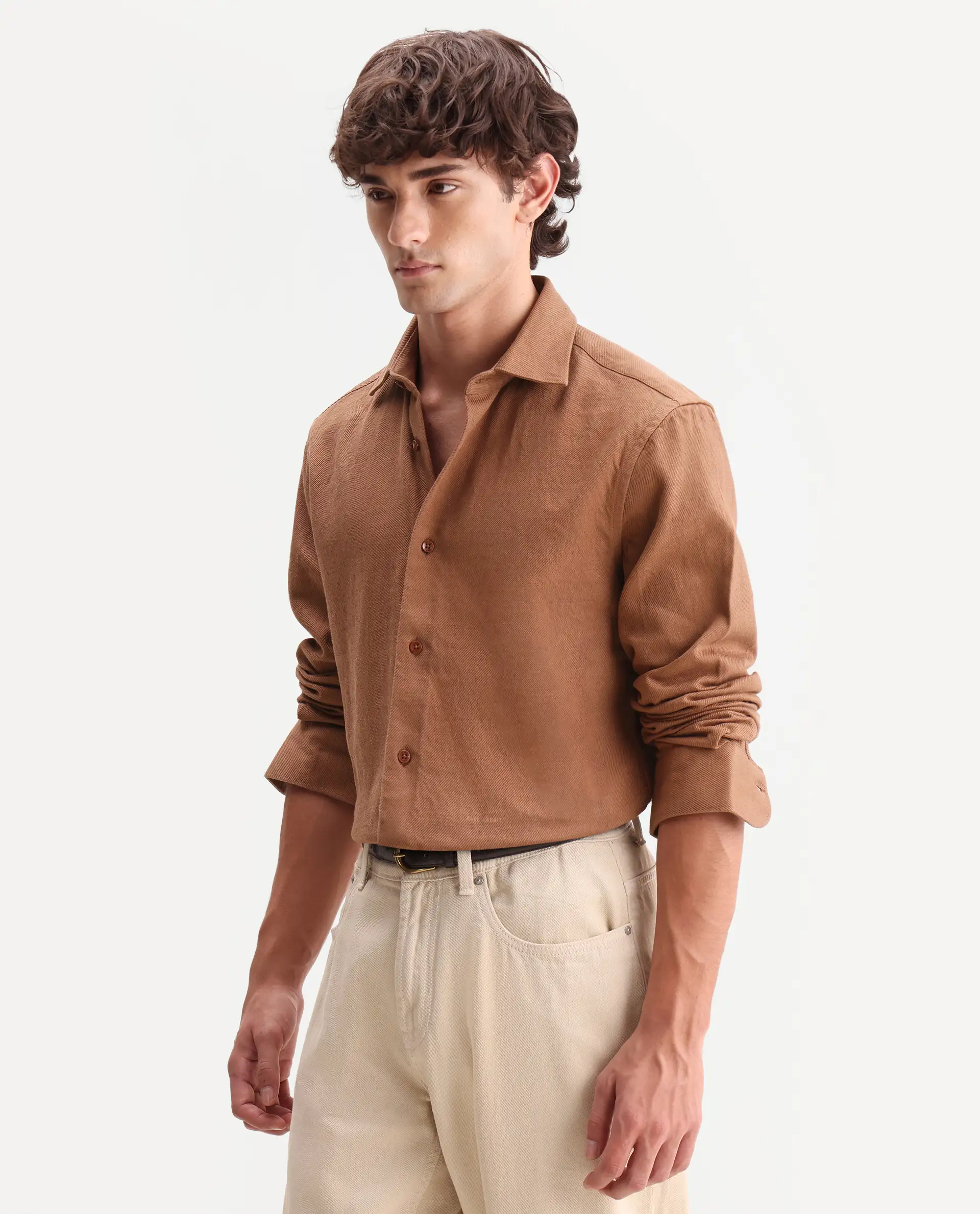 Rare Rabbit Men's Ryka Brown Cotton Fabric Full Sleeve Collared Regular Fit Plain Shirt - Image 5