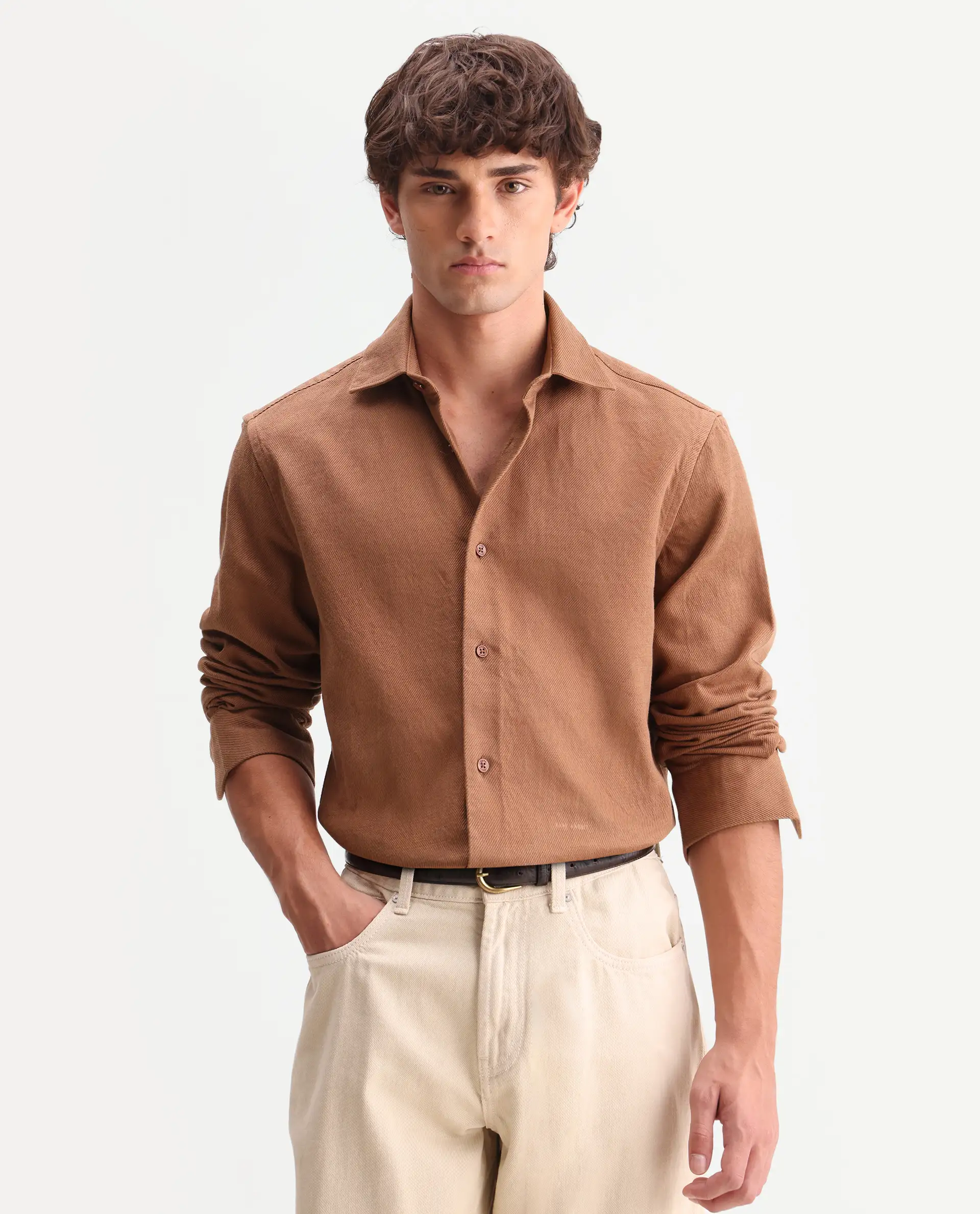 Rare Rabbit Men's Ryka Brown Cotton Fabric Full Sleeve Collared Regular Fit Plain Shirt - Image 6