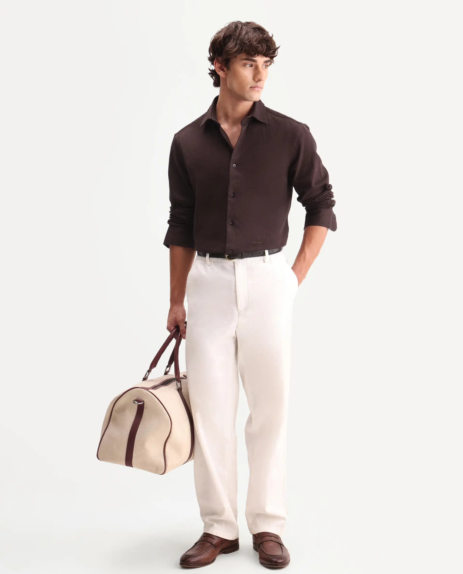 Rare Rabbit Men's Ryka Dark Brown Cotton Fabric Full Sleeve Collared Regular Fit Plain Shirt - Image 2