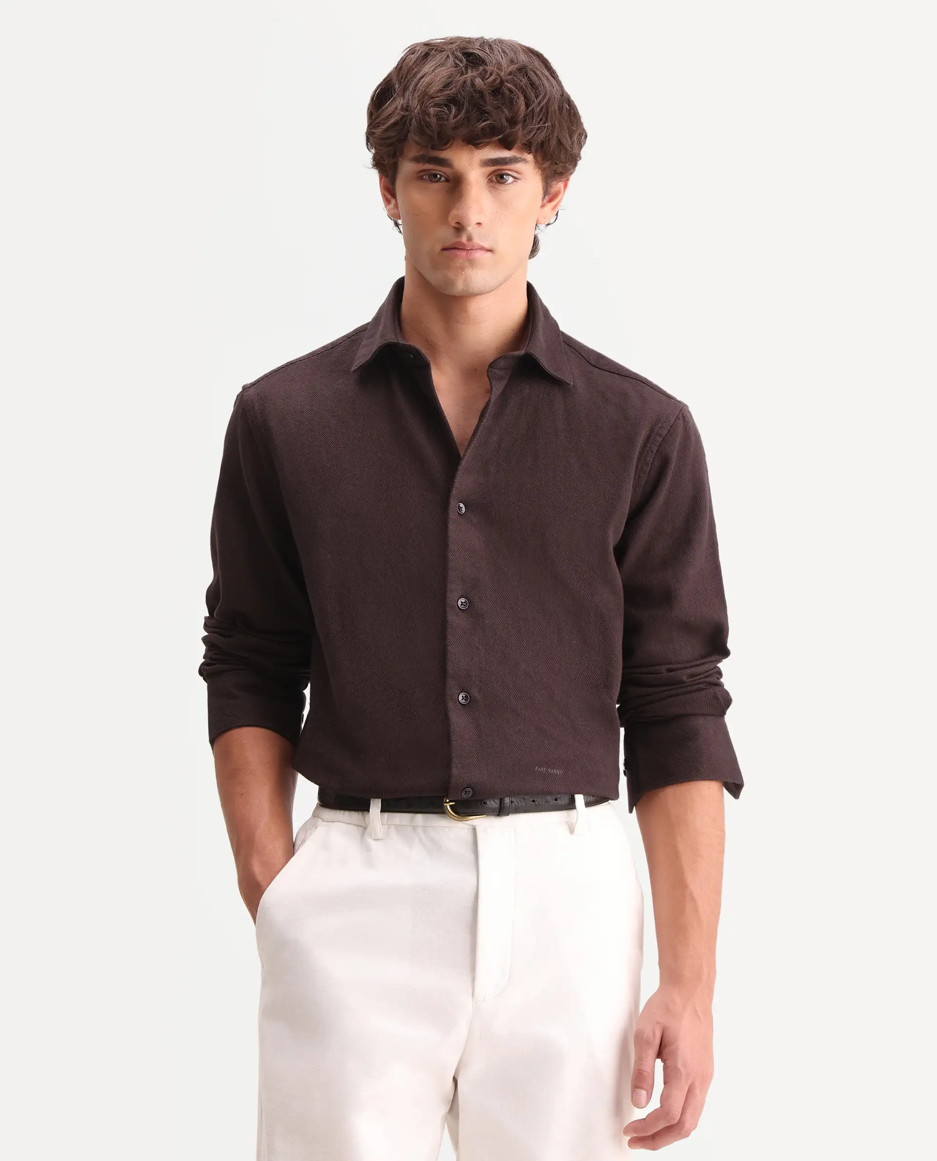 Rare Rabbit Men's Ryka Dark Brown Cotton Fabric Full Sleeve Collared Regular Fit Plain Shirt - Image 4